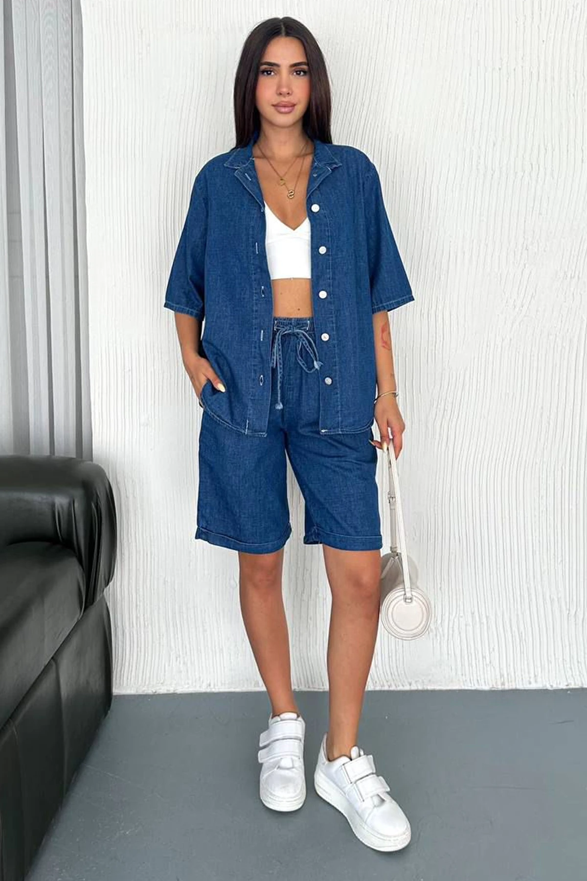 Kadın Denim Gömlek & Short Takım – Sportif & Modern Stil