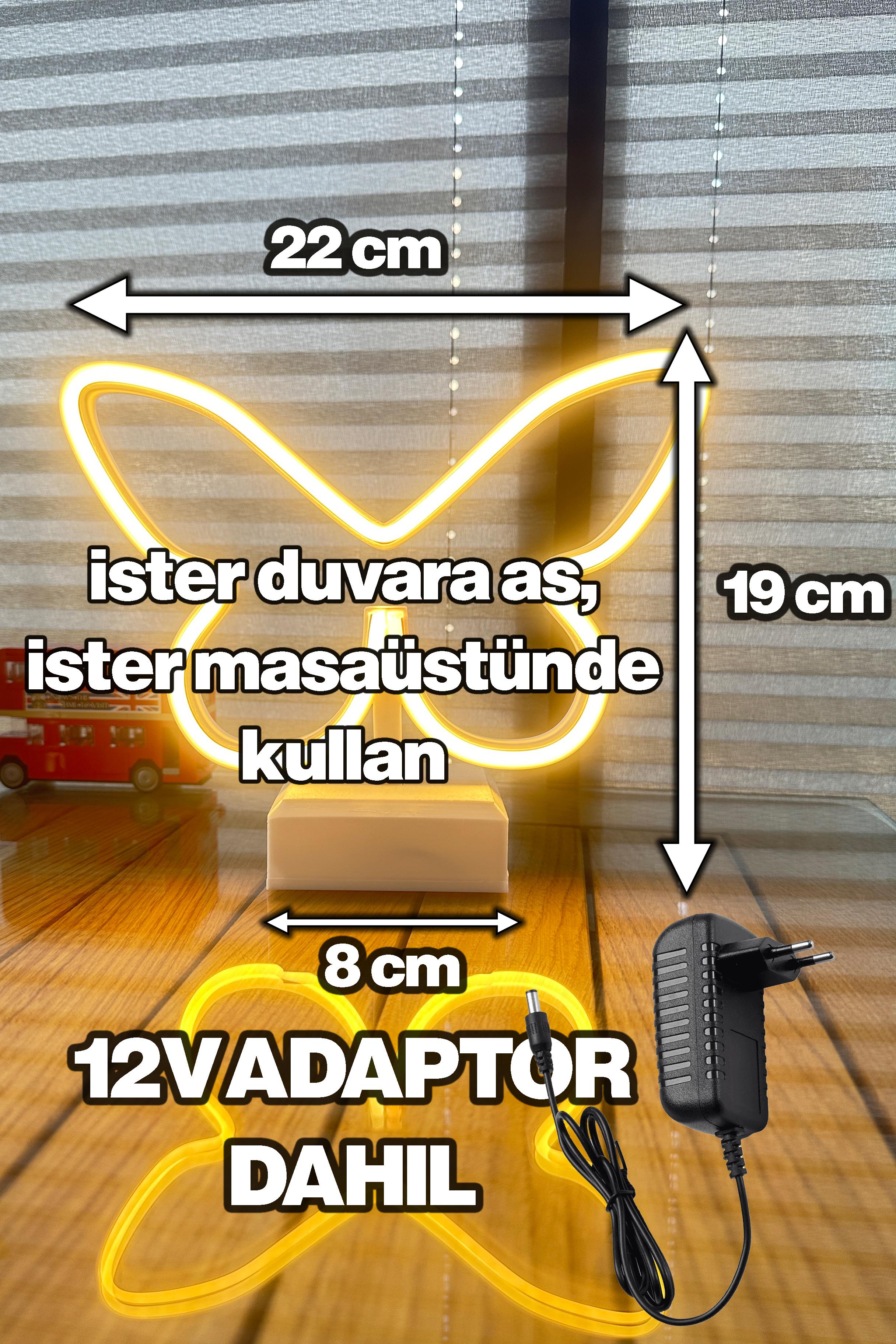 Kelebek Led - Neon Led - 22cm - İster Duvara As, İster Masaüstü - Adaptör Dahil