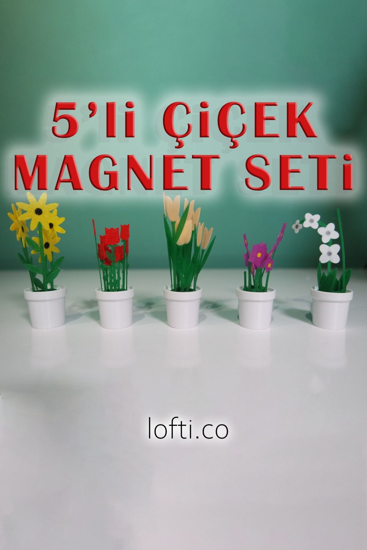 5'li Çiçek Magnet Seti - Buzdolabı Süsü - beyaz