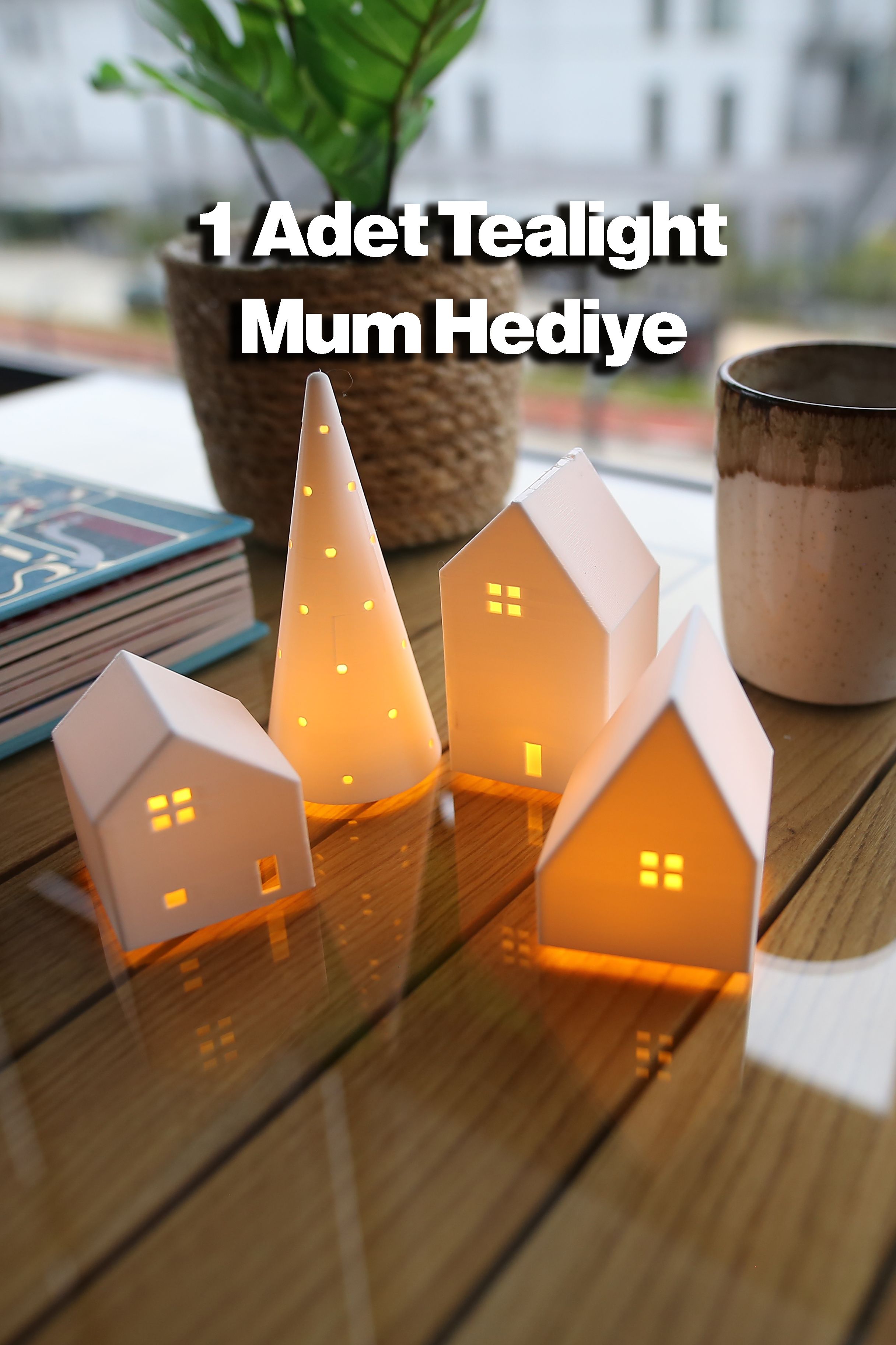 4 Parça Nostaljik Evler Tealight Mumluk - Kış Bahçesi Dekoru - Tealight Mum Hediyeli