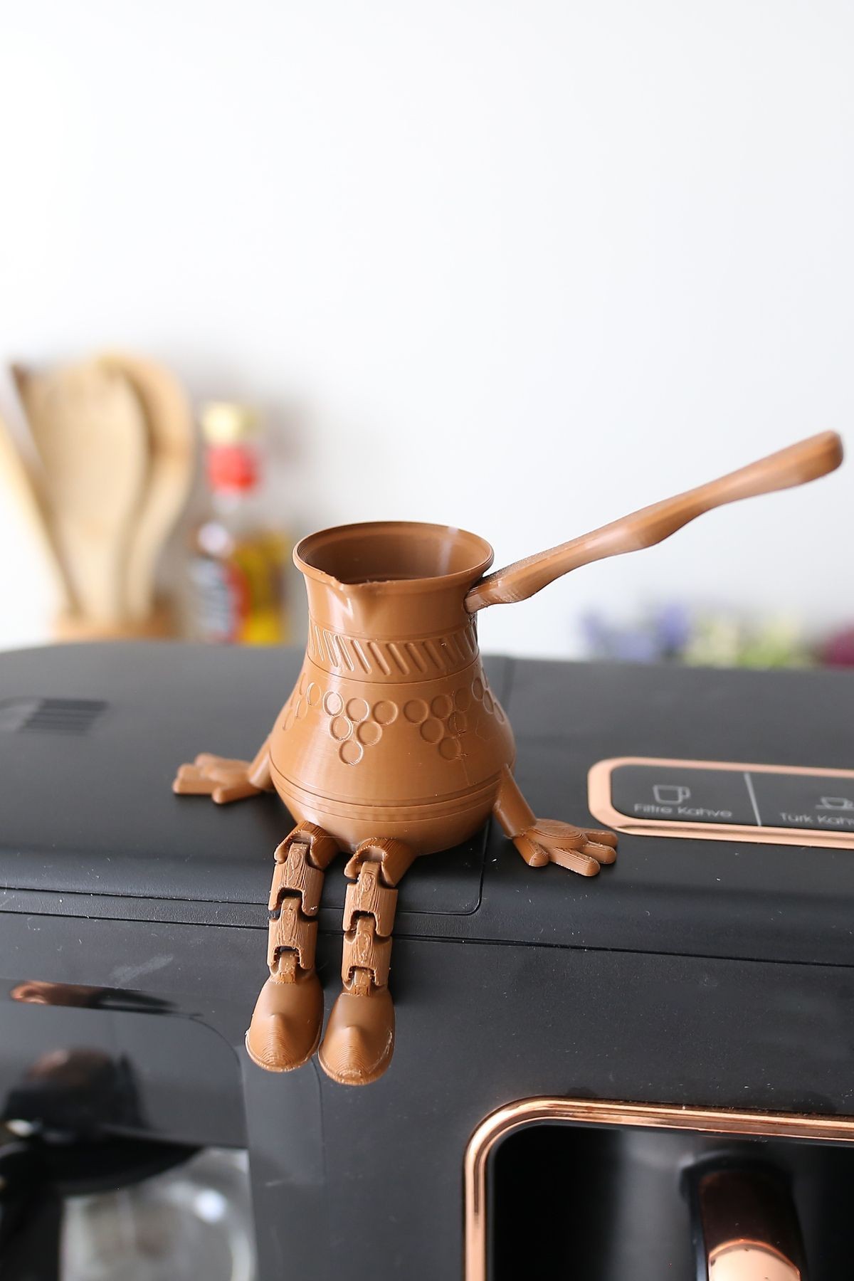 2'li Cezve ve Kahve Tanesi Seti - Ayaklı Sevimli Kahve Köşesi Seti - mor