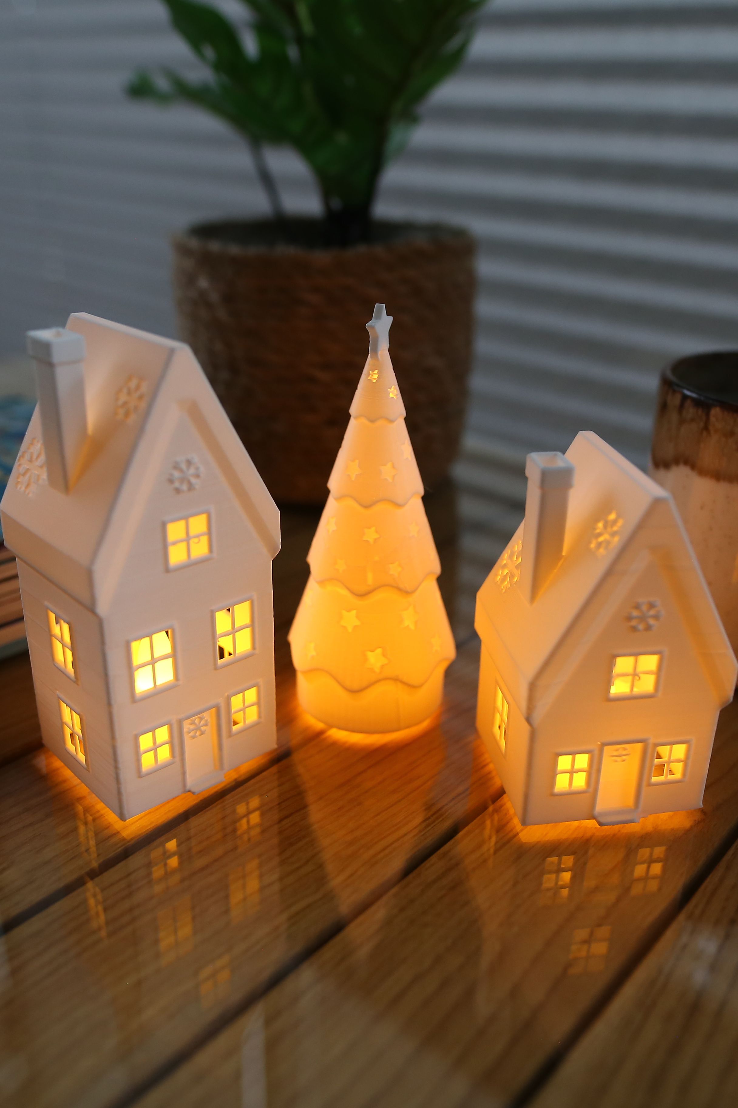 Çamlı Ev Seti - Kış Evleri Tealight Mumluk - 3 Adet Tealight Mum Hediyeli