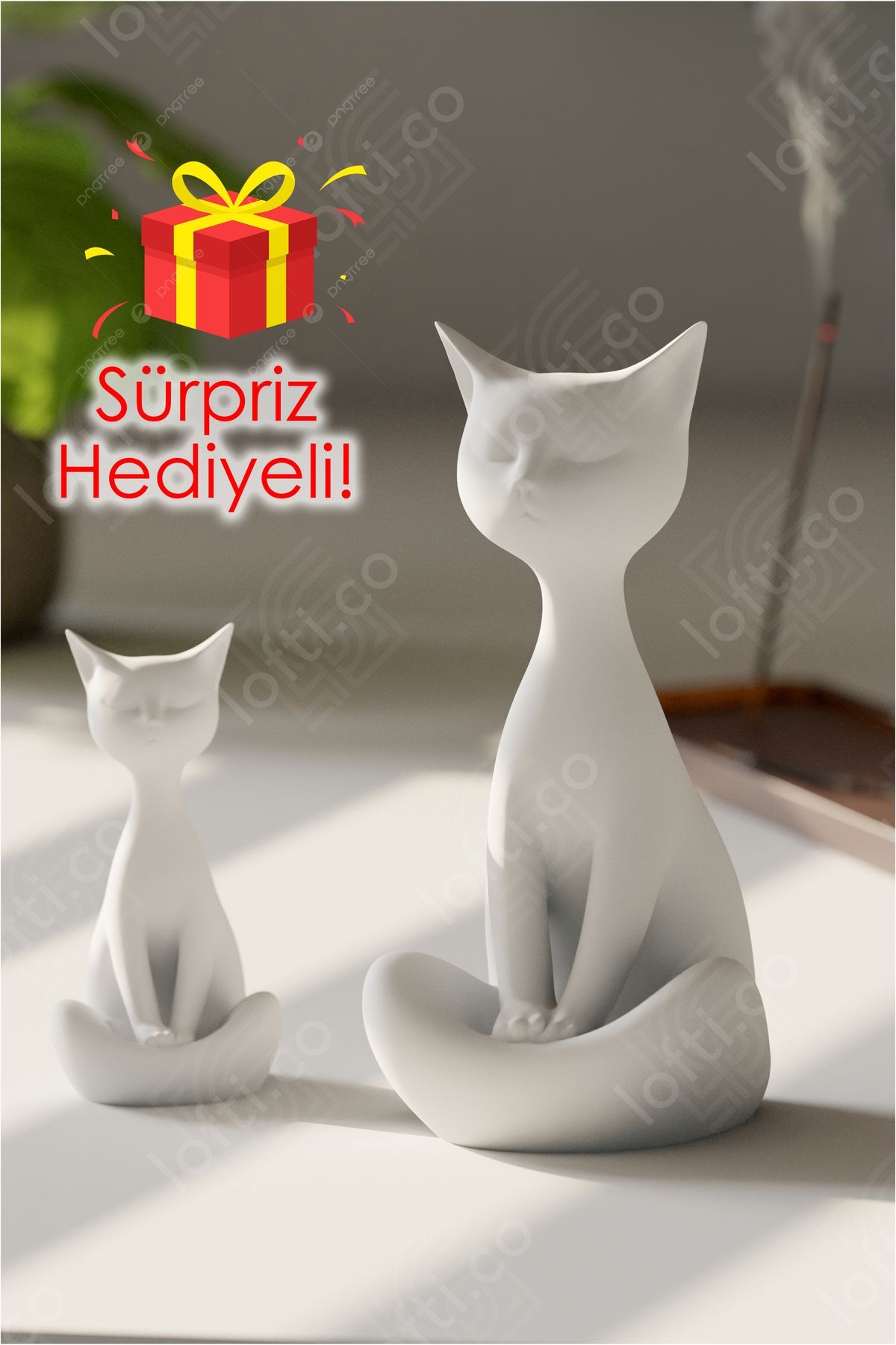 2’li Kedi Ailesi Biblosu - 14cm Dekoratif Kedi ve Yavrusu - Sevgililer Günü Hediyesi Kedi Objesi - beyaz