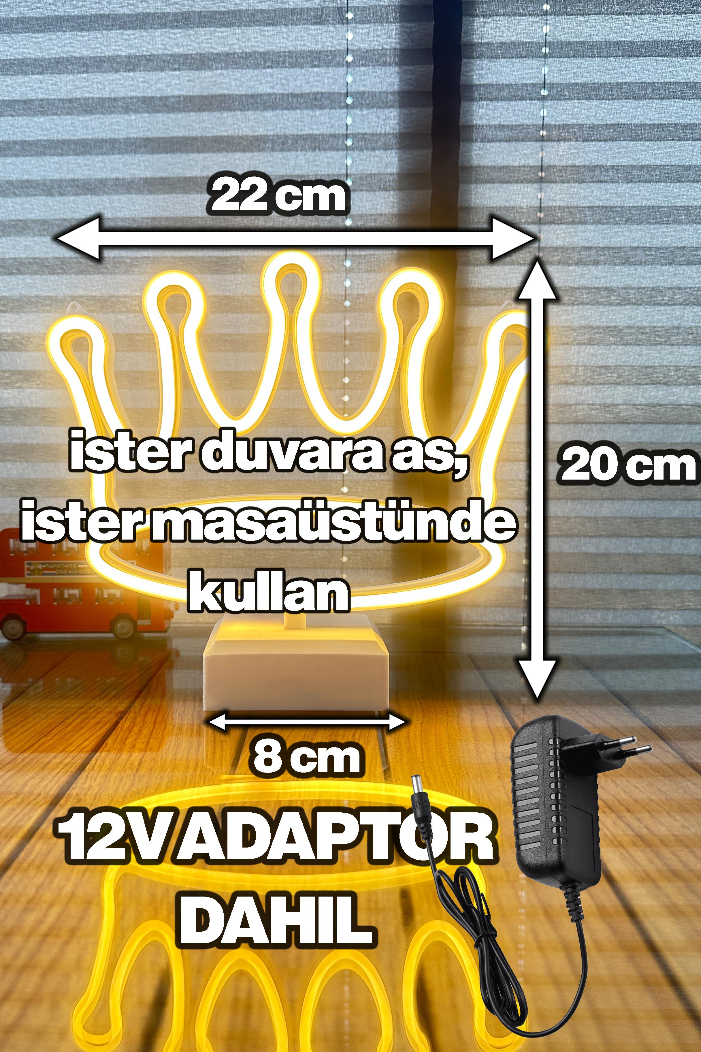 Kral Tacı Led - Neon Led - 22cm - İster Duvara As, İster Masaüstü - Adaptör Dahil