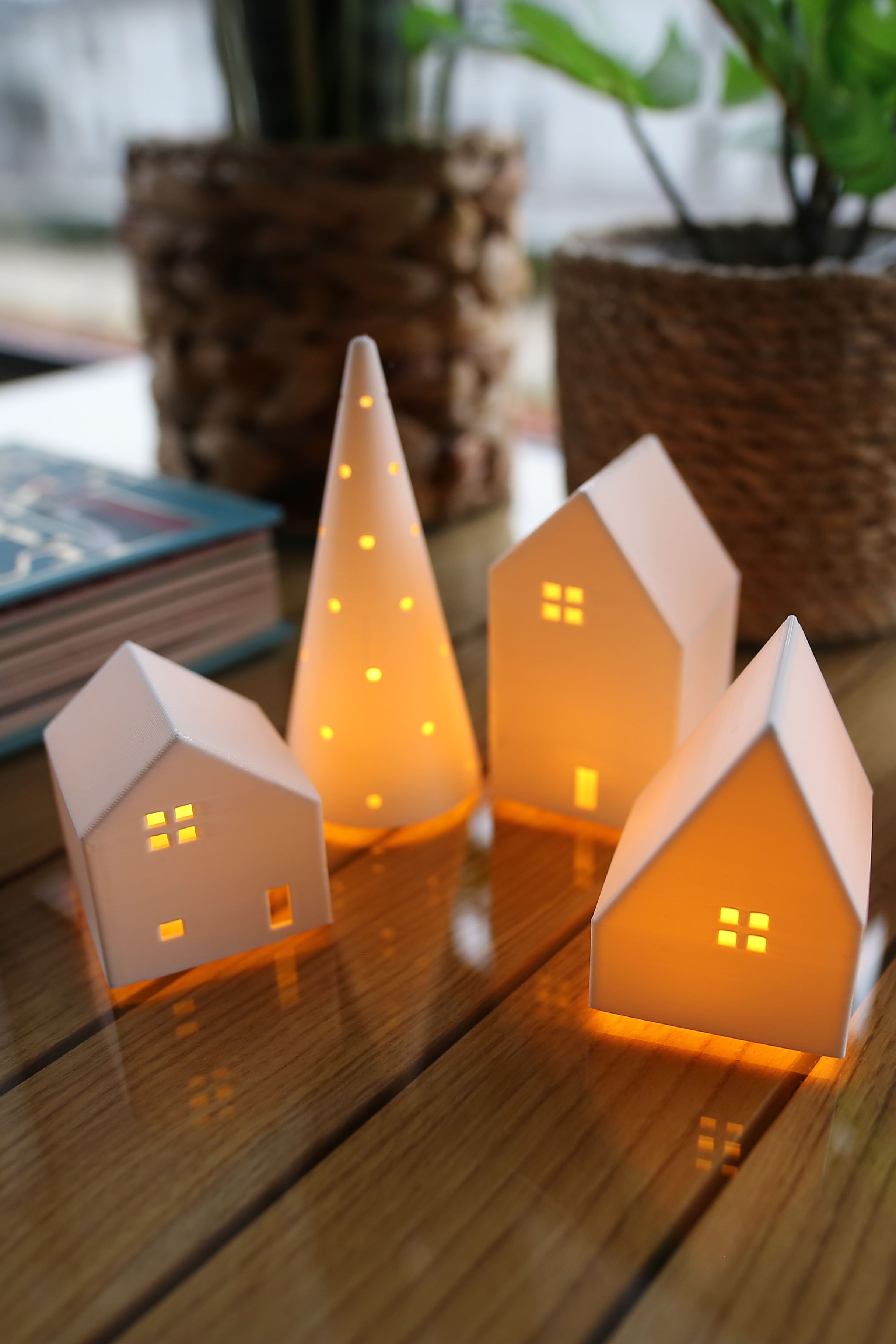 4 Parça Nostaljik Evler Tealight Mumluk - Kış Bahçesi Dekoru - Tealight Mum Hediyeli
