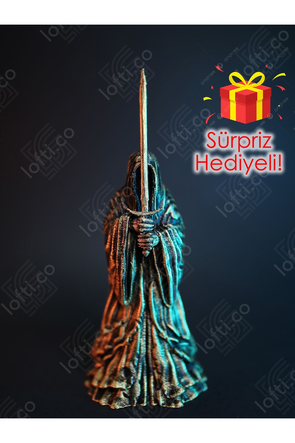 Nazgul Figür Kılıç Dahil 16 cm Yüzüklerin Efendisi Figür Ringwraith Altın Rengi Eskitme El Boyaması