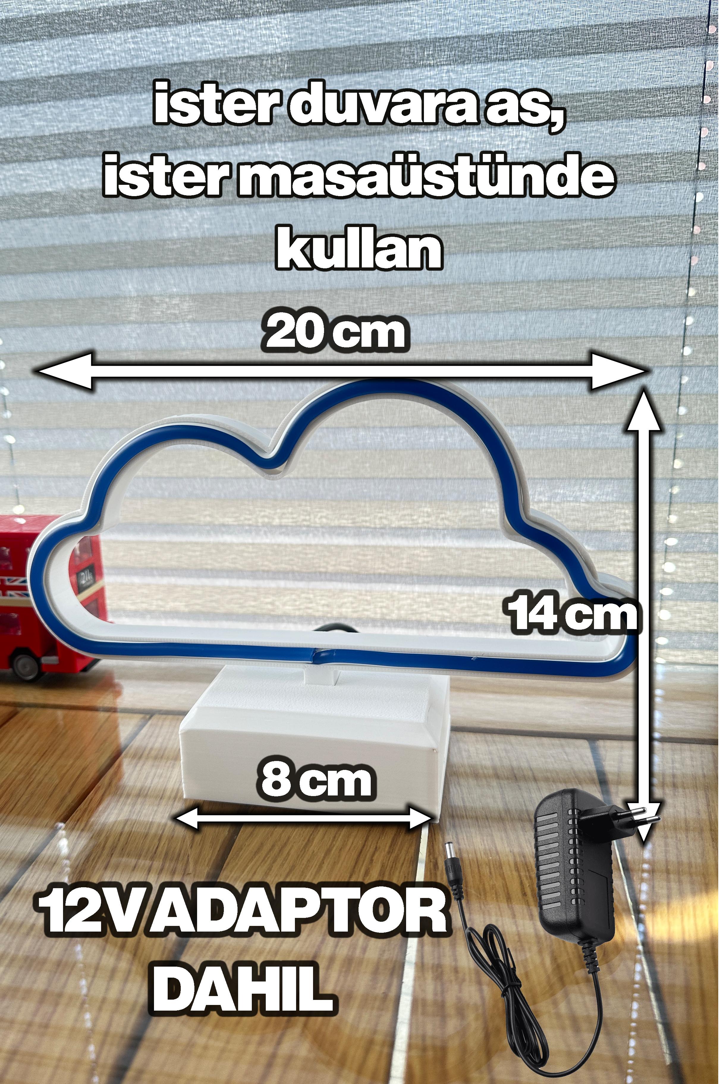 Neon Led Bulut - 20 cm - İster Duvara As, İster Masaüstü - Genç Odası - Adaptör Dahil - Prizli