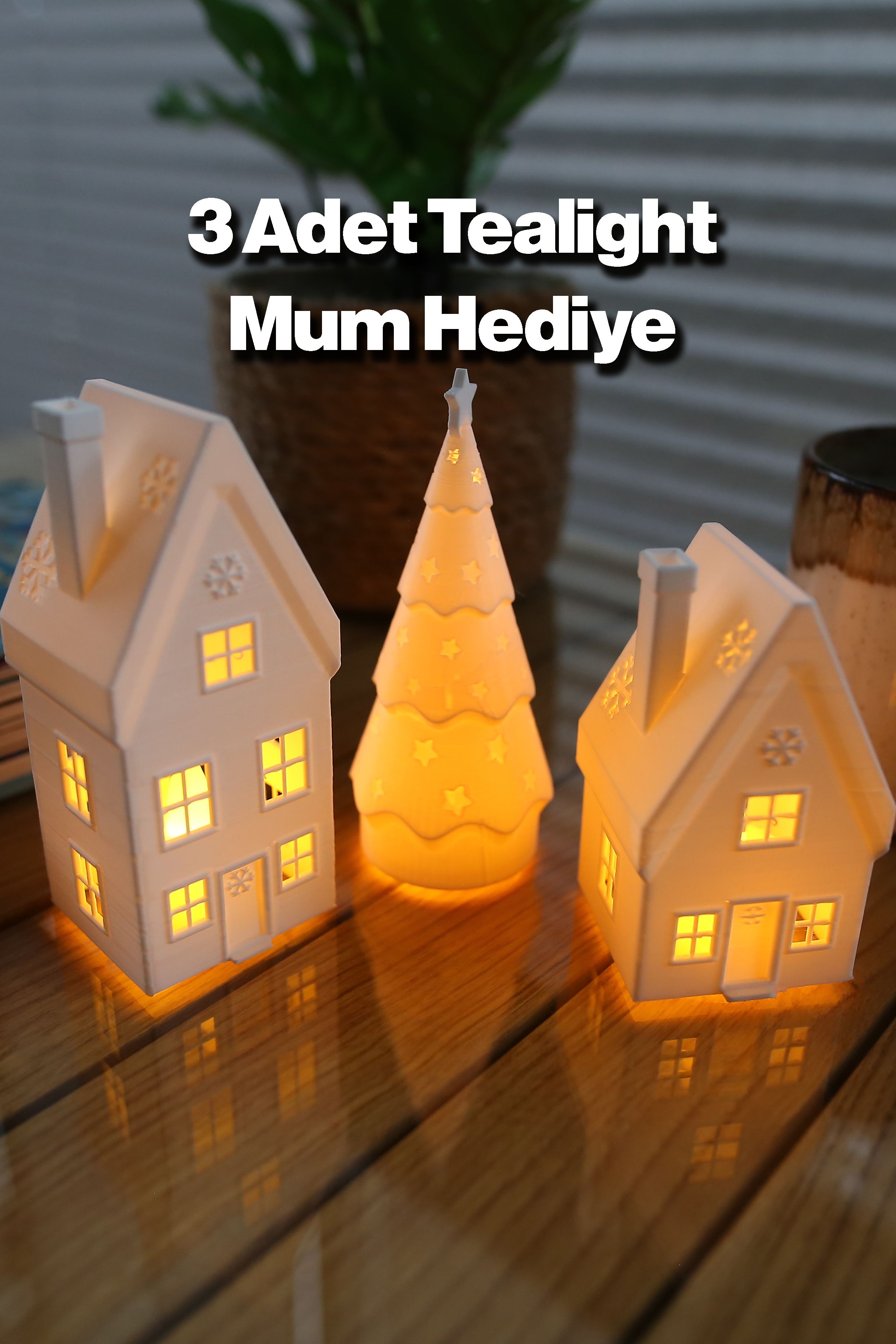 Çamlı Ev Seti - Kış Evleri Tealight Mumluk - 3 Adet Tealight Mum Hediyeli