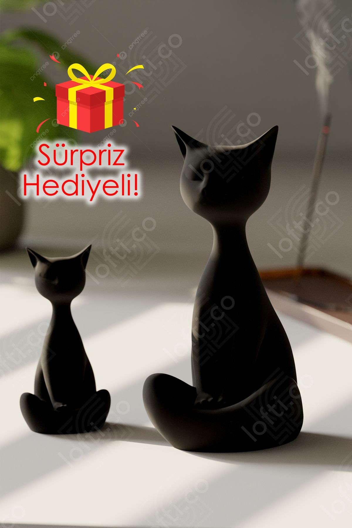 2’li Kedi Ailesi Biblosu - 14cm Dekoratif Kedi ve Yavrusu - Sevgililer Günü Hediyesi Kedi Objesi - siyah