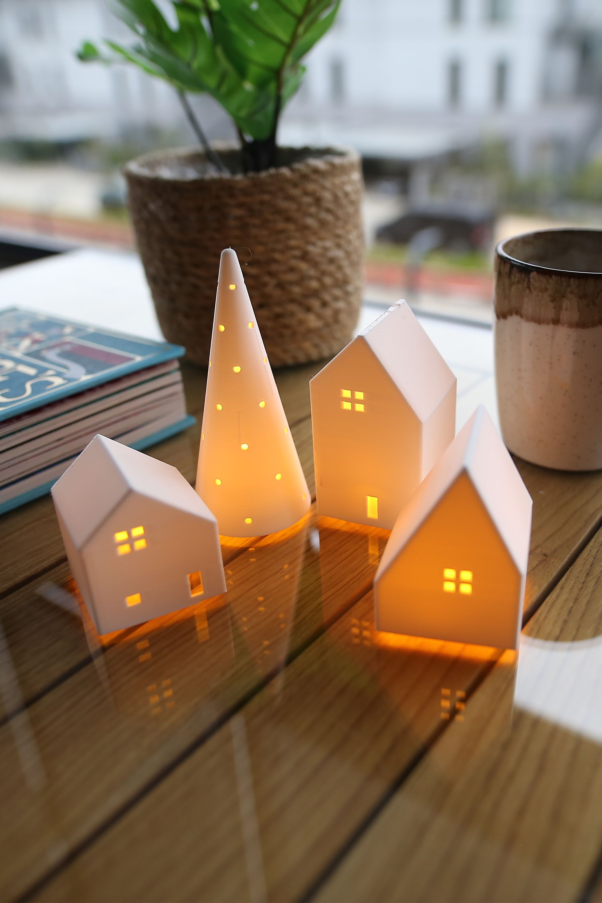 4 Parça Nostaljik Evler Tealight Mumluk - Kış Bahçesi Dekoru - Tealight Mum Hediyeli