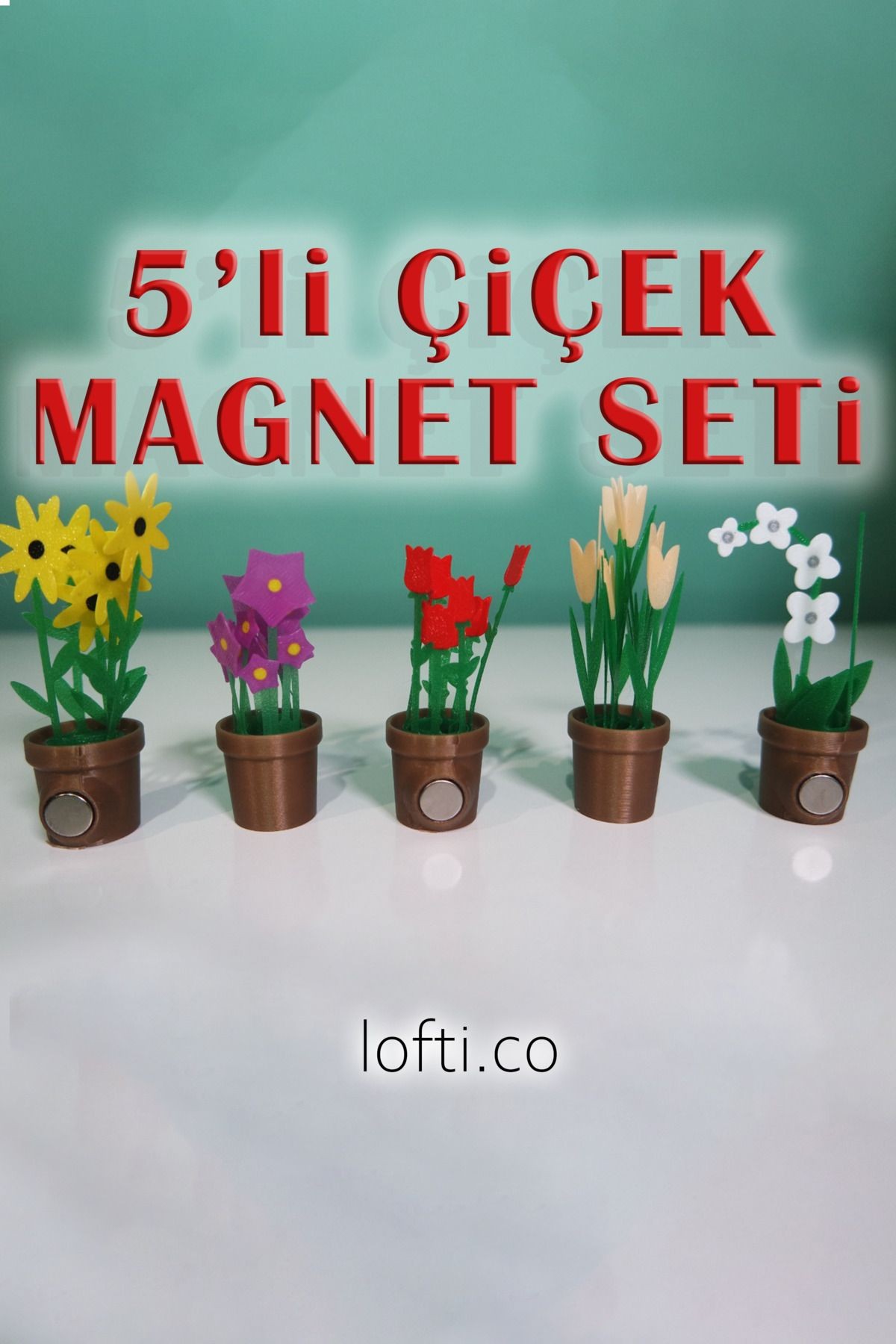 5'li Çiçek Magnet Seti - Buzdolabı Süsü - kahverengi
