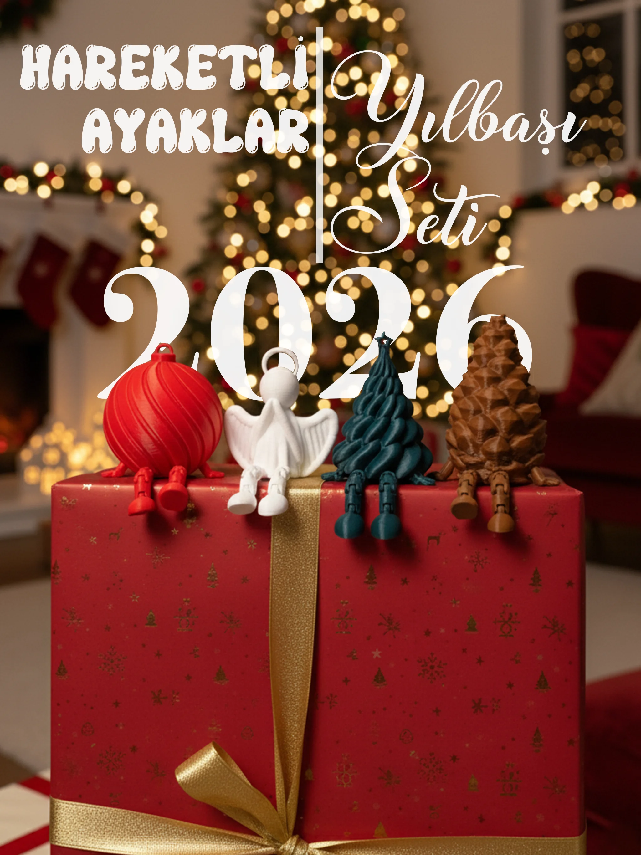 Hareketli Ayaklar 4'lü Yılbaşı Süsleme Seti 2026 - Melek, Yılbaşı Ağacı, Kozalak, Yılbaşı Topu