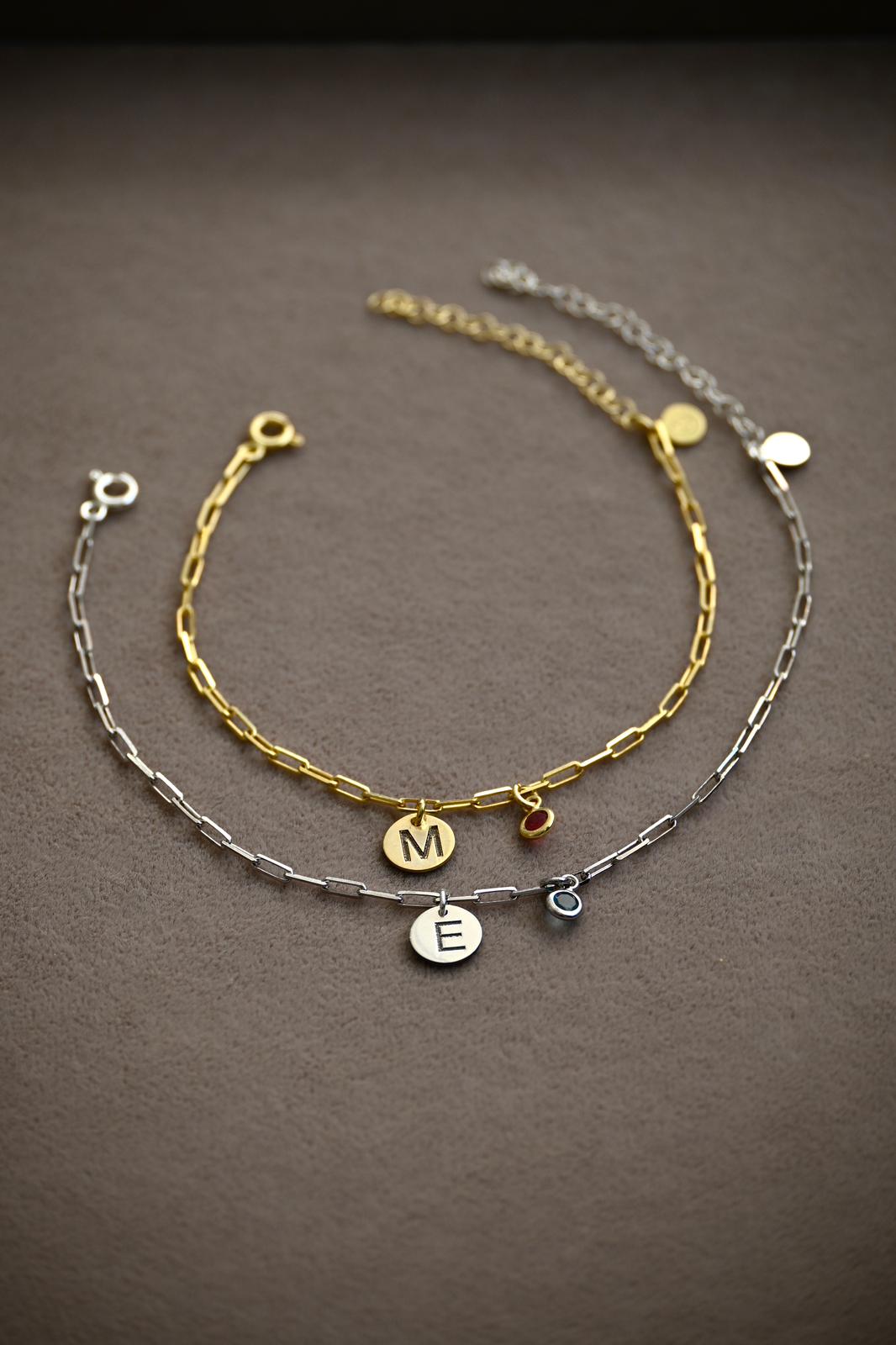 Doğum Ayı Taşı Pul Harf Zincir Çift Bileklik | 925 Gümüş