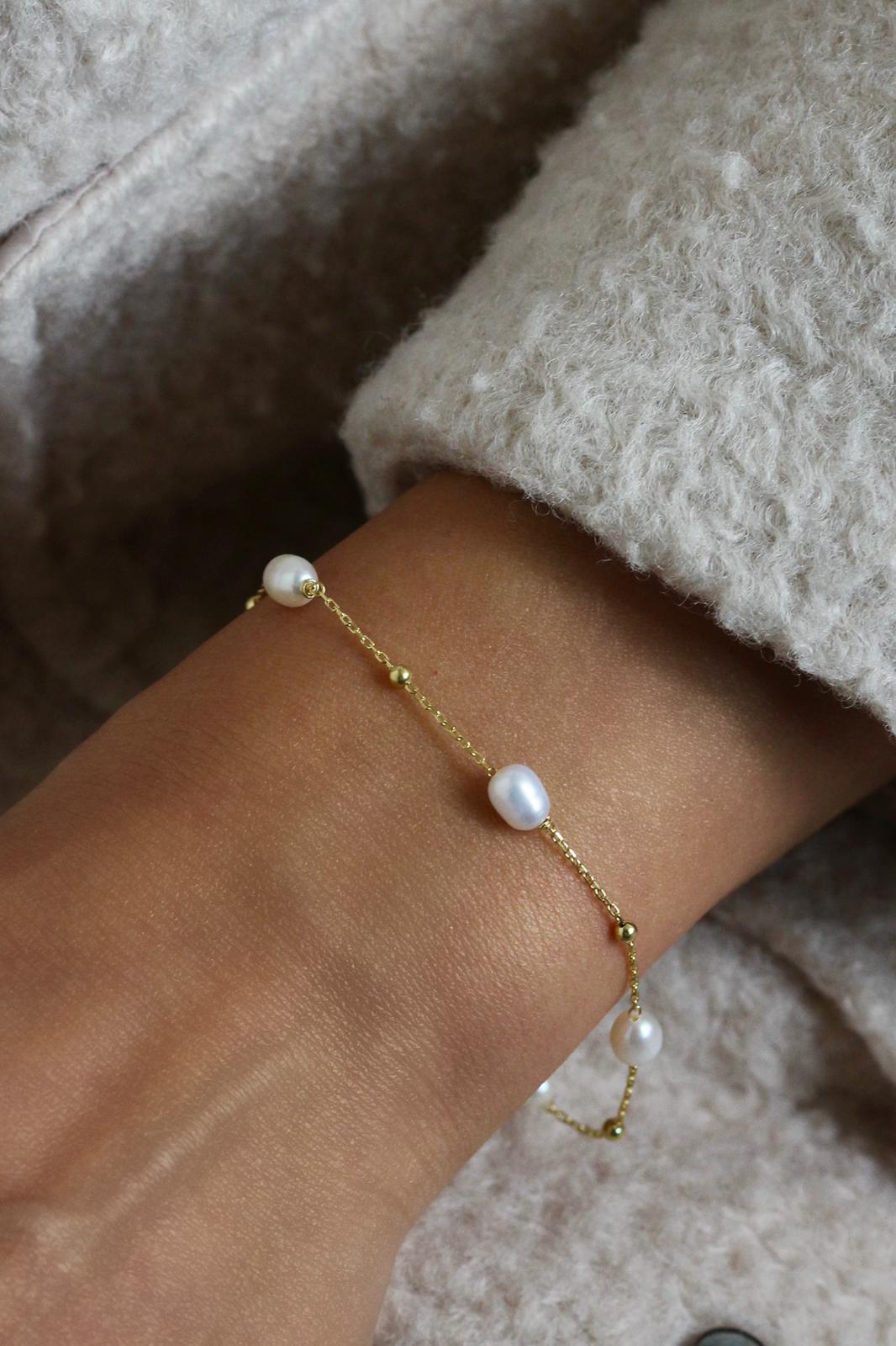 Doğal İnci Noktalı Zincir Bileklik | 925 Gümüş 