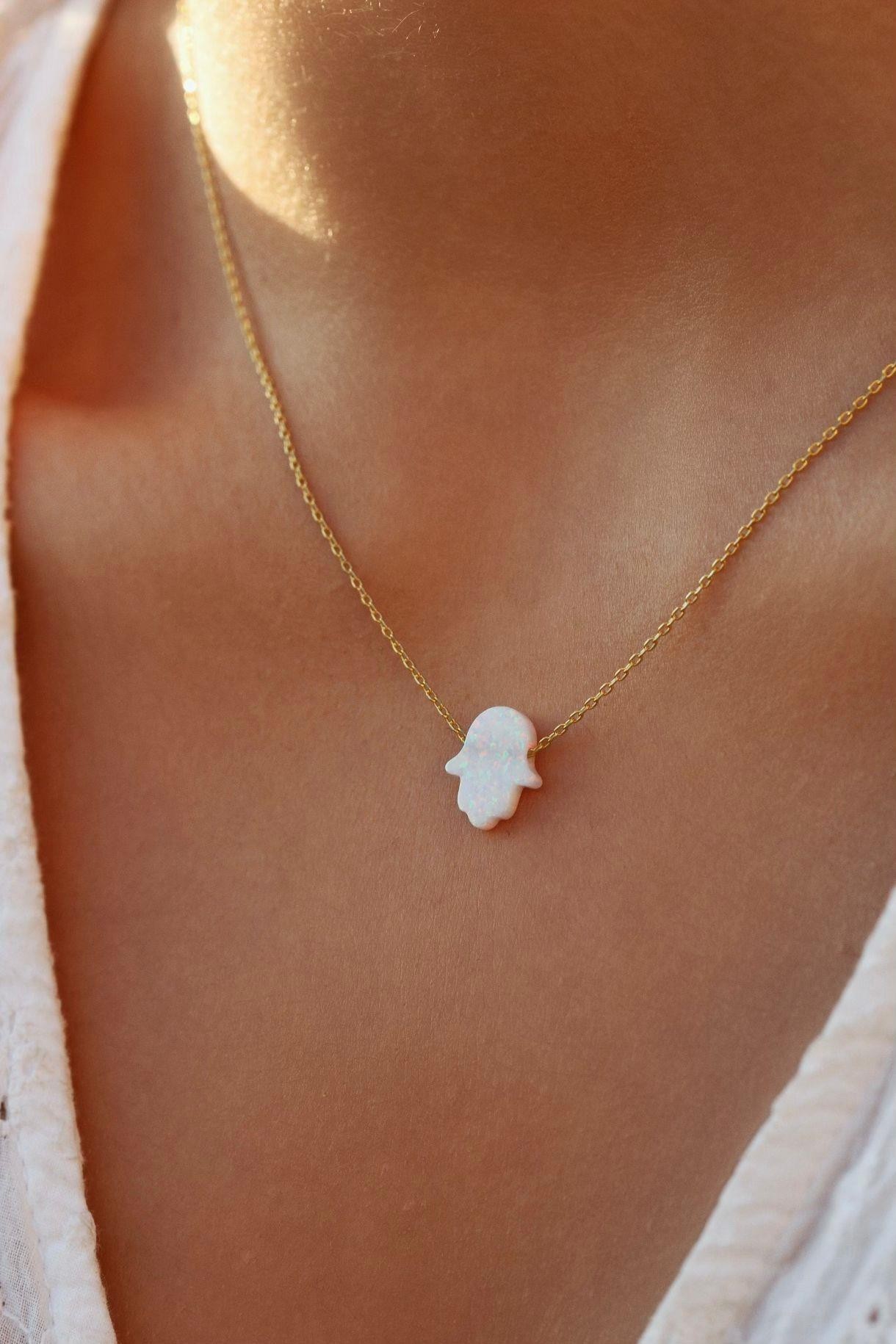 Opal Hamsa Fatma Ana Eli Kolye I 925 Gümüş