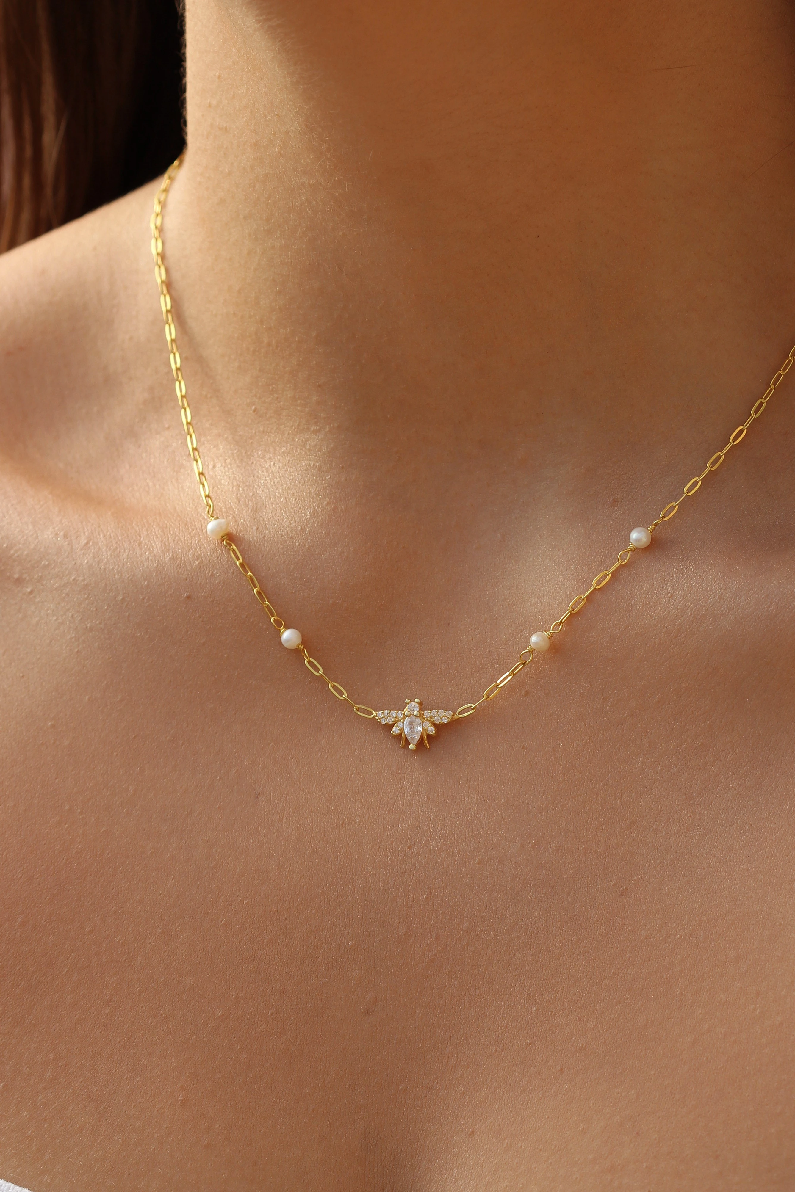 İnci Detaylı  Zincir Arı Kolye  Kolye | 925 Gümüş