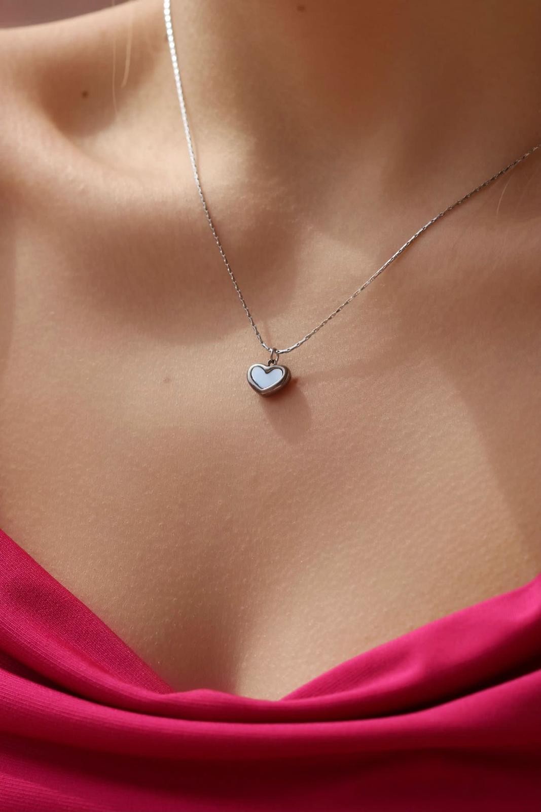 Silver Sedefli Mini Kalp Kolye I Çelik