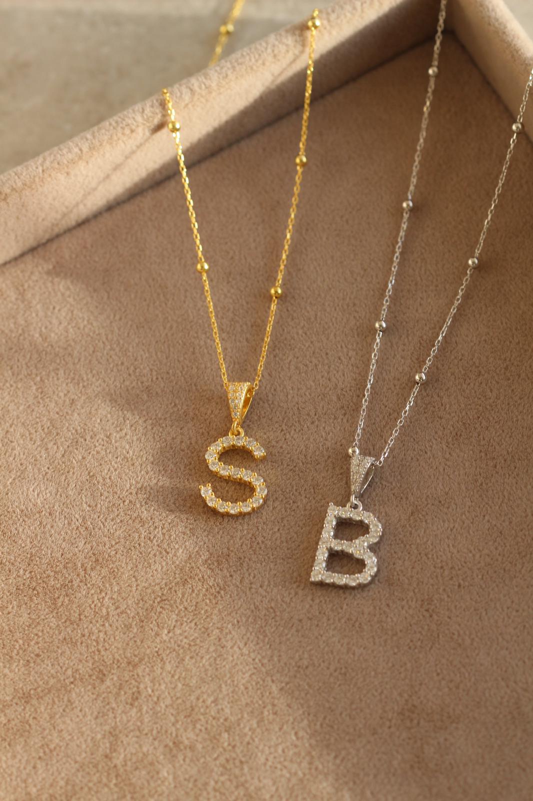 Zirkon Taşlı Büyük Boy Harf Kolye I 925 Gümüş