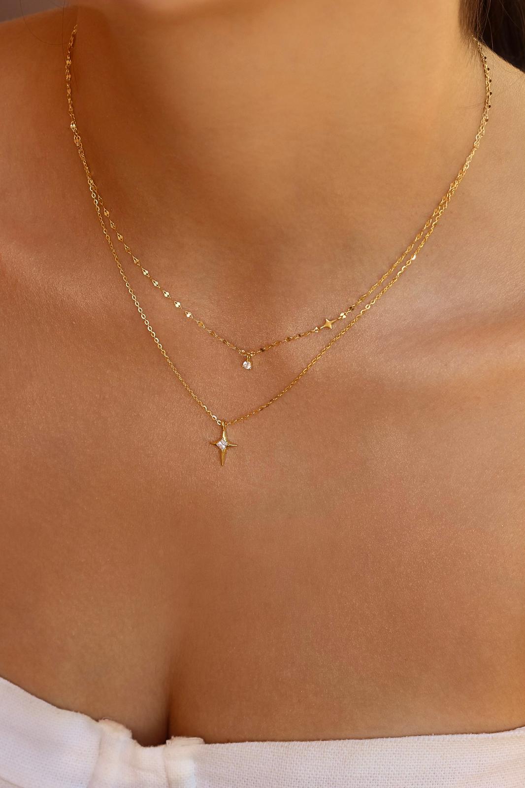 İkili Zincir Mini Taş Kutup Yıldızı Kolye I 925 Gümüş