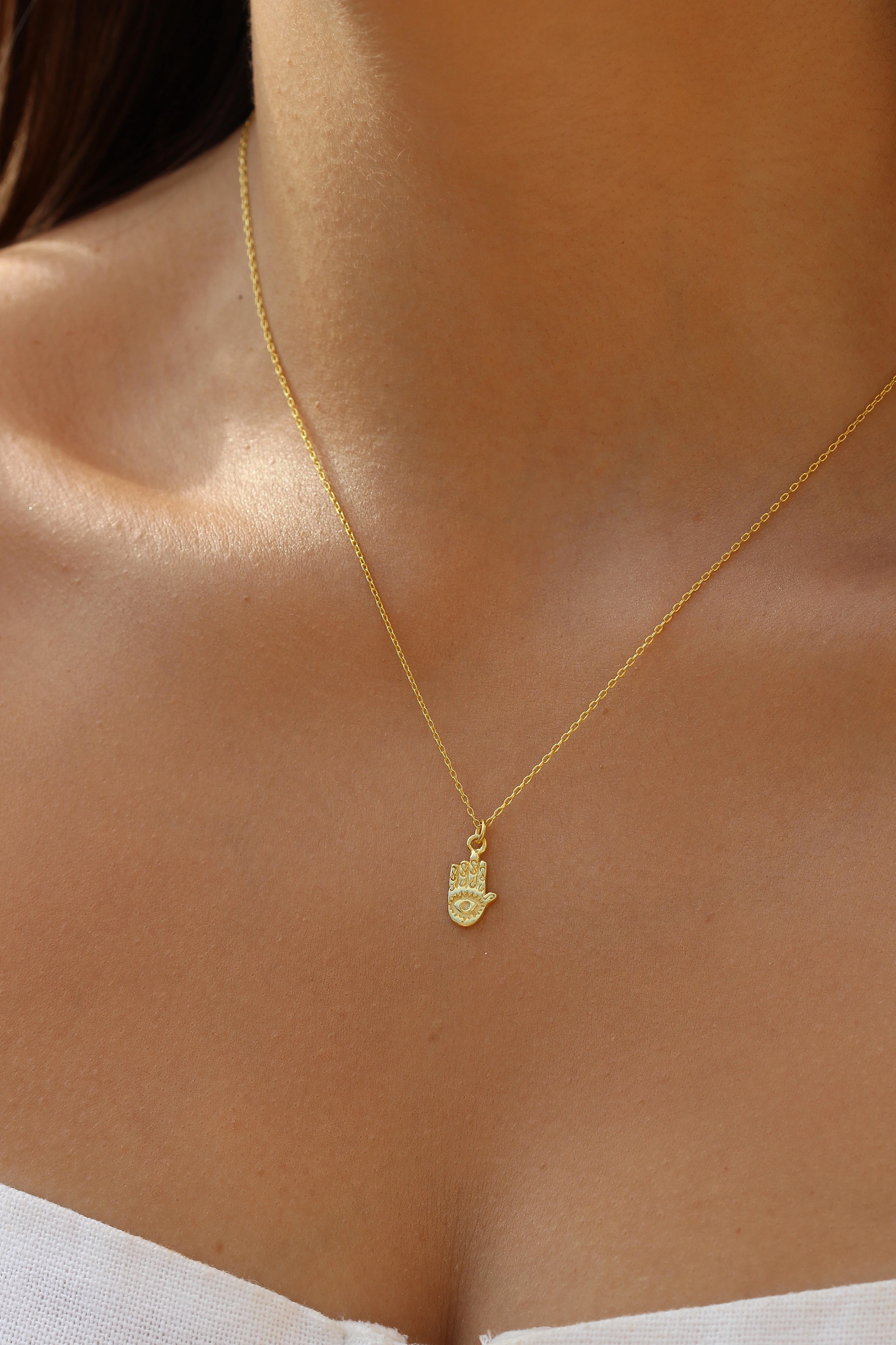 Minimal Plaka Hamsa Göz Kolye | 925 Gümüş