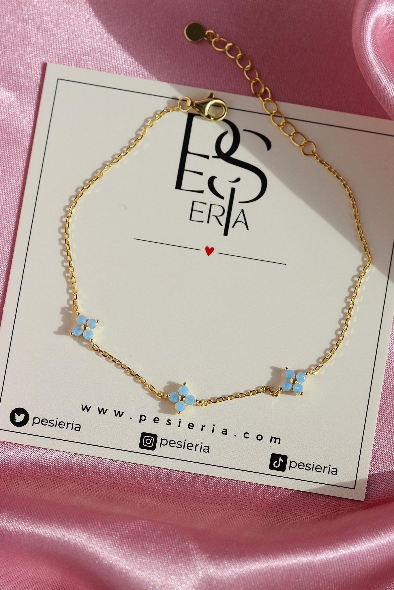 Opal Üçlü Mini Çiçek Gold Bileklik | 925 Gümüş