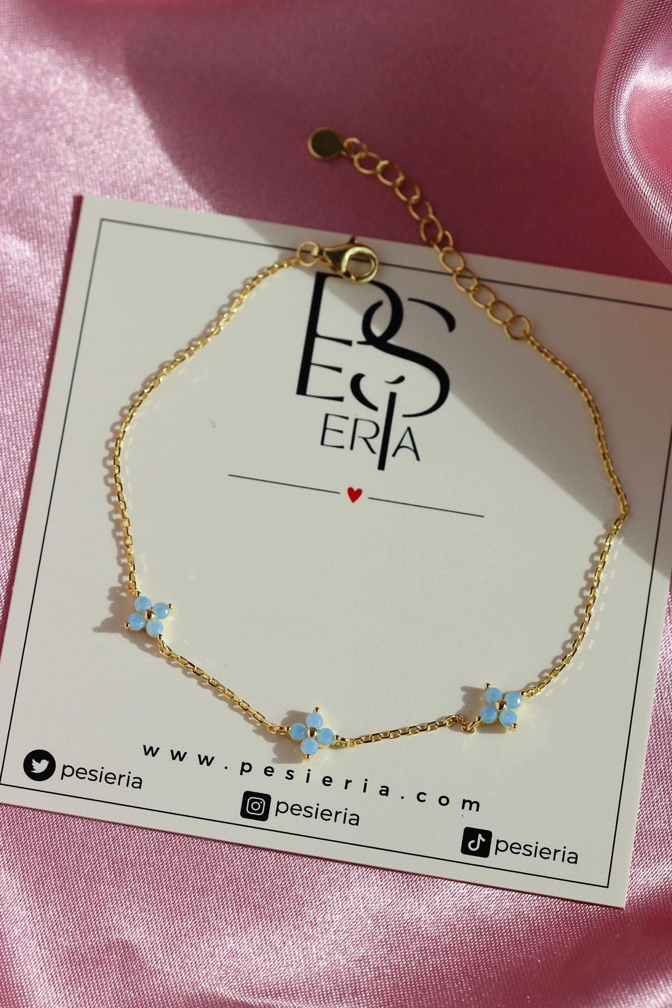 Opal Üçlü Mini Çiçek Gold Bileklik | 925 Gümüş