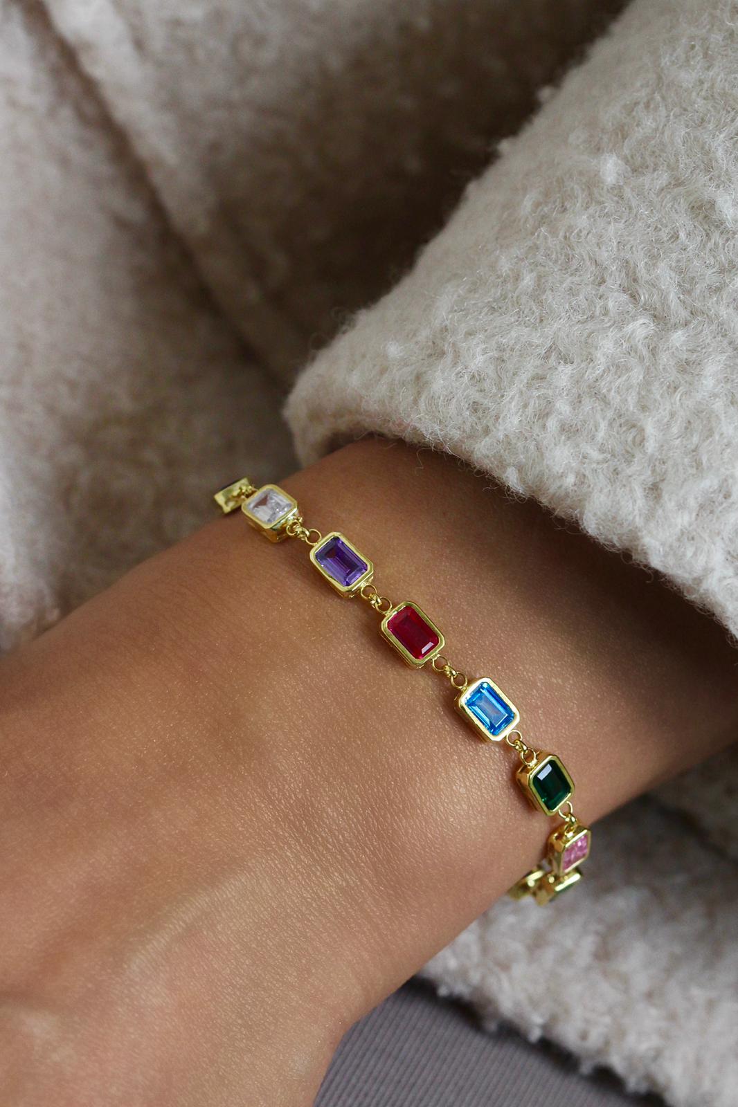 Renkli Taşlı Baget Bileklik | 925 Gümüş
