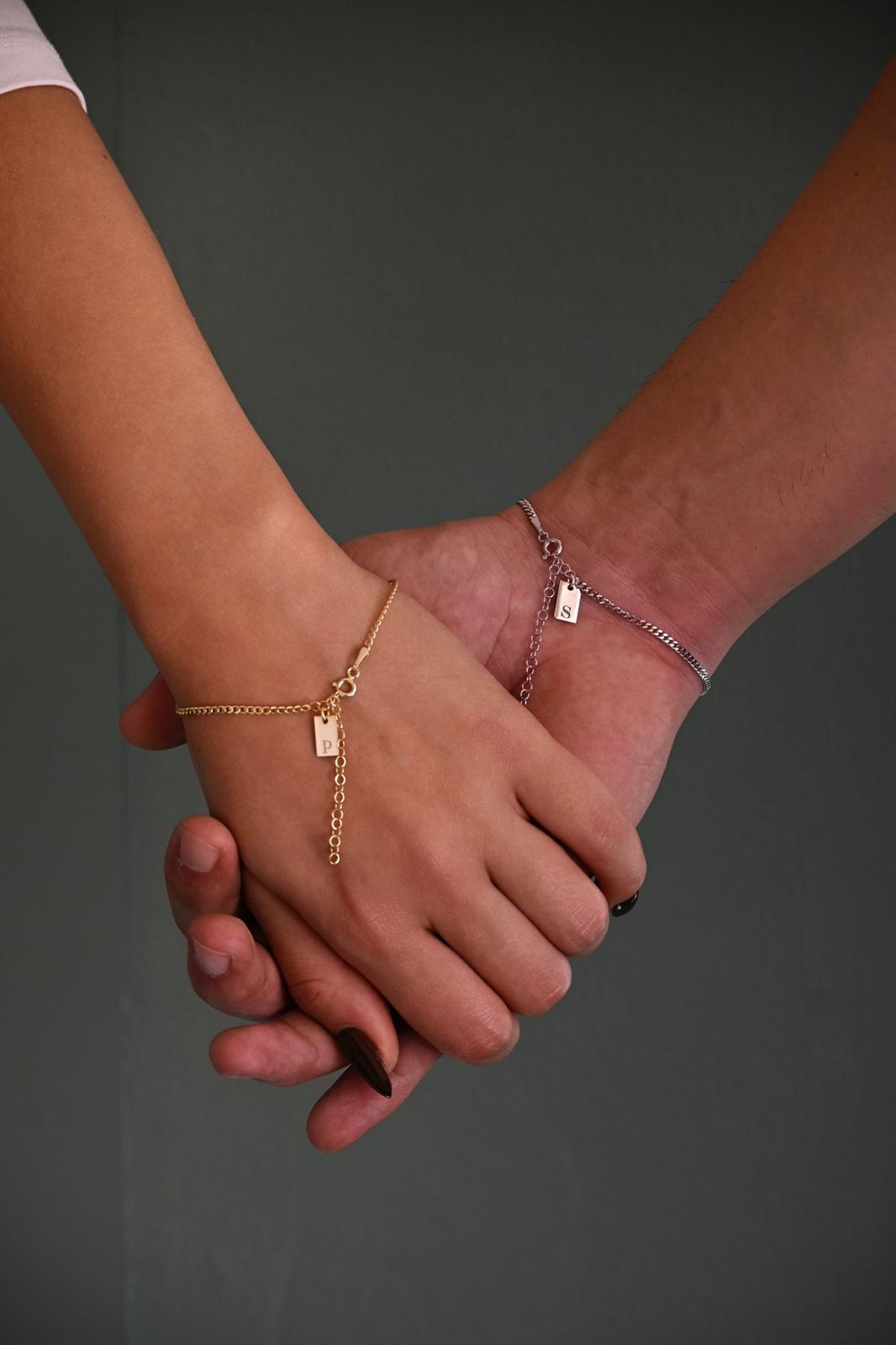 Plaka Harf Gurmet Zincir Çift Bileklik | 925 Gümüş
