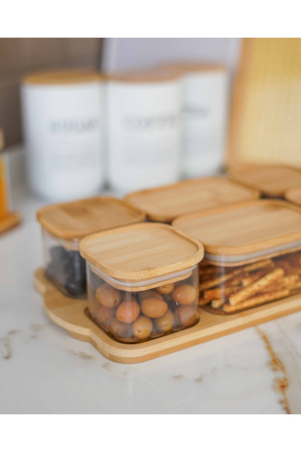 Bambu Tepsili ve Bambu Vakum Kapaklı 6Lı Cam Kahvaltılık