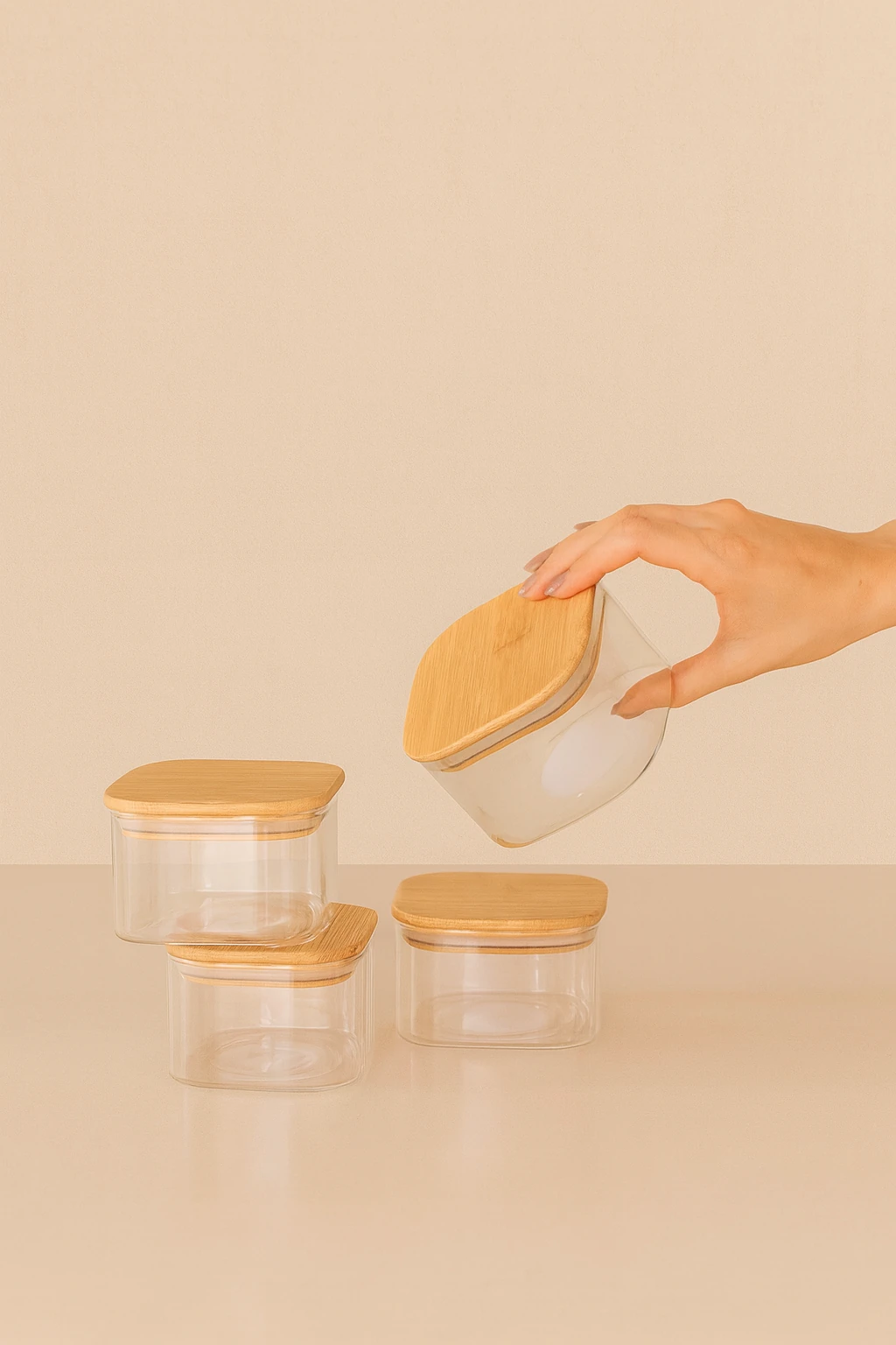 3’lü Doğal Bambu Kare Kapaklı Cam Kavanoz Kahvaltılık,Saklama Kabı Ahşap Standlı,Kavanoz Seti