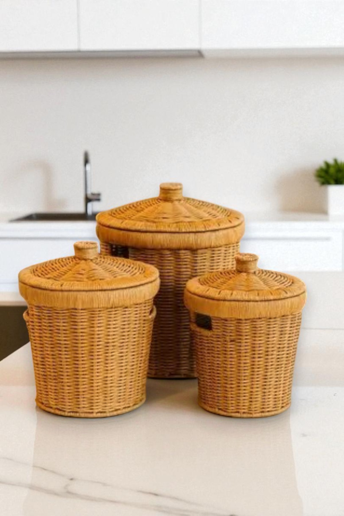 3’lü Rattan Patates Soğan Sarımsak Sepeti Seti – Kapaklı Dekoratif Sebzelik & Düzenleyici