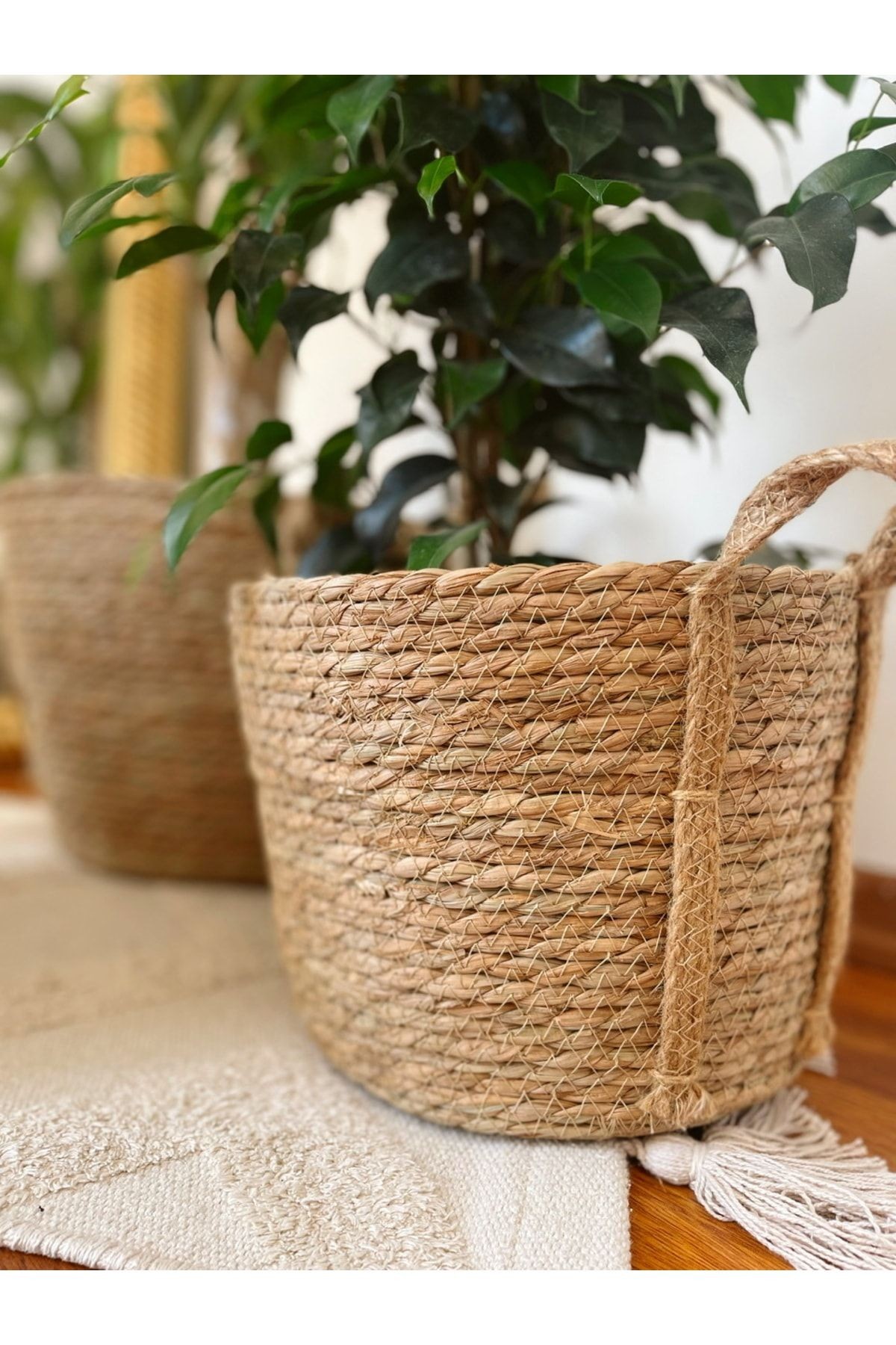 Dekoratif Çok Amaçlı 3lü Hasır Sepet/saksılık/düzenleyici Natural