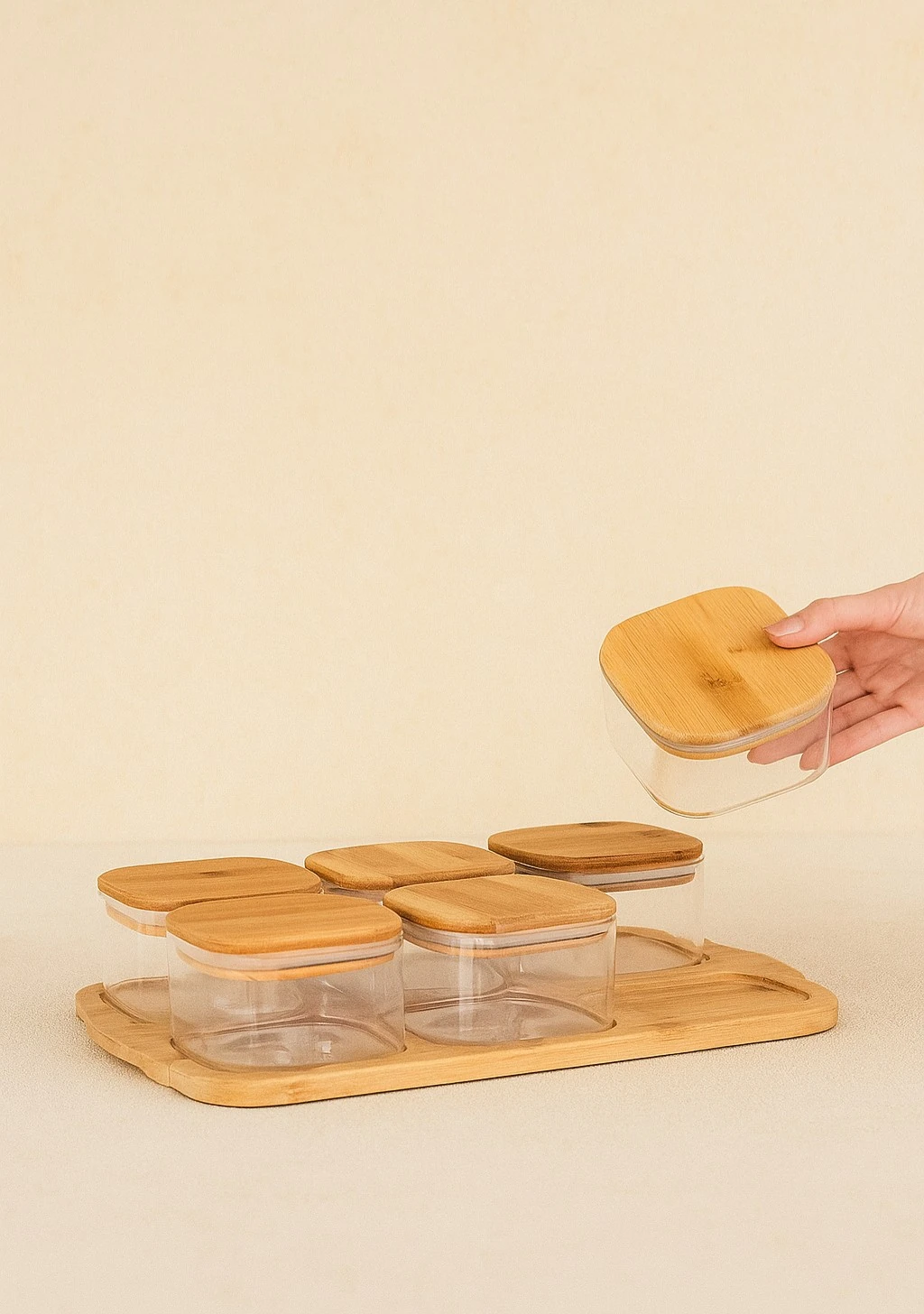 Bambu Tepsili ve Bambu Vakum Kapaklı 6Lı Cam Kahvaltılık