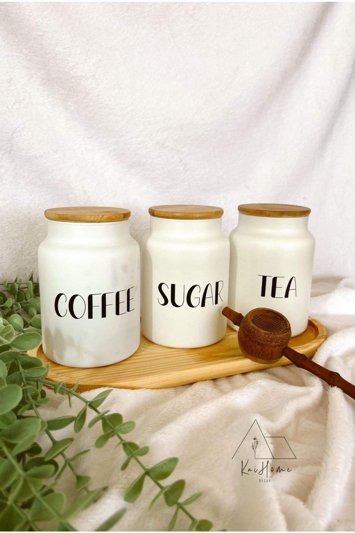 3lü Bambu Kapaklı 800ML Cam Çay/Kahve/Şeker Kavanoz Seti+AHŞAP KAŞIK