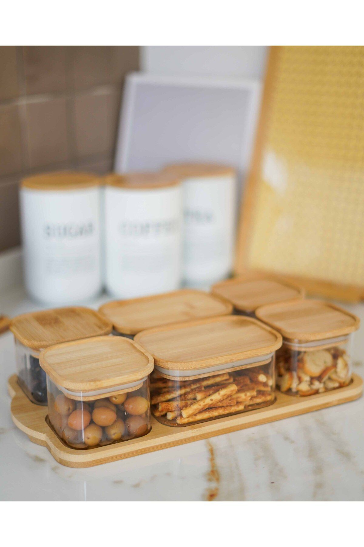 Bambu Tepsili ve Bambu Vakum Kapaklı 6Lı Cam Kahvaltılık