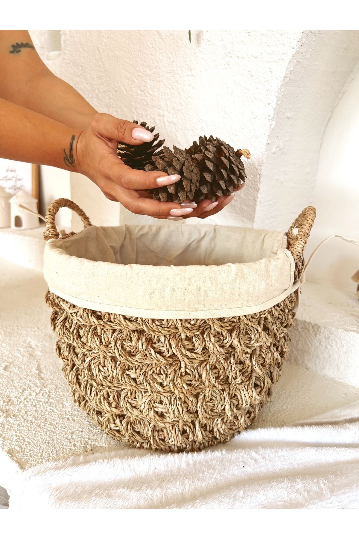 Hasır İç Korumalı Kulplu Sağlam 31X22 Düzenleyici/Sepet/Organizer/Saksı