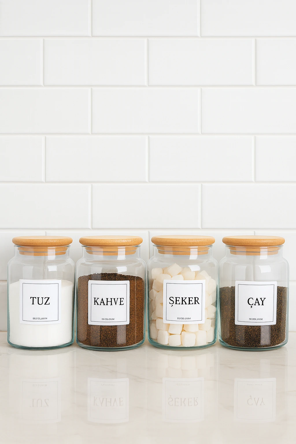 4'lü Ahşap Vakumlu Kapaklı Kahve Çay Şeker Tuz Kavanozu Cam Seti