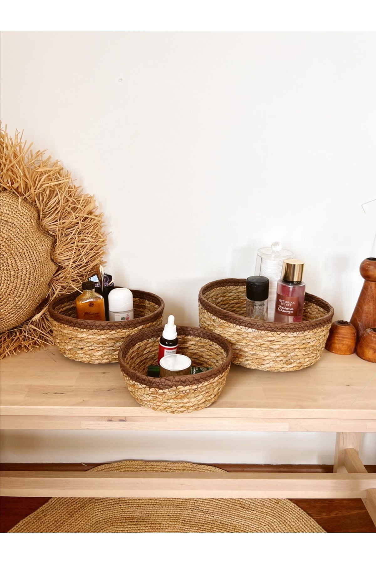 Doğal Hasır Örme 3lü Kahve Şeritli Çok Amaçlı Hasır Sepet/Banyo Düzenleyici