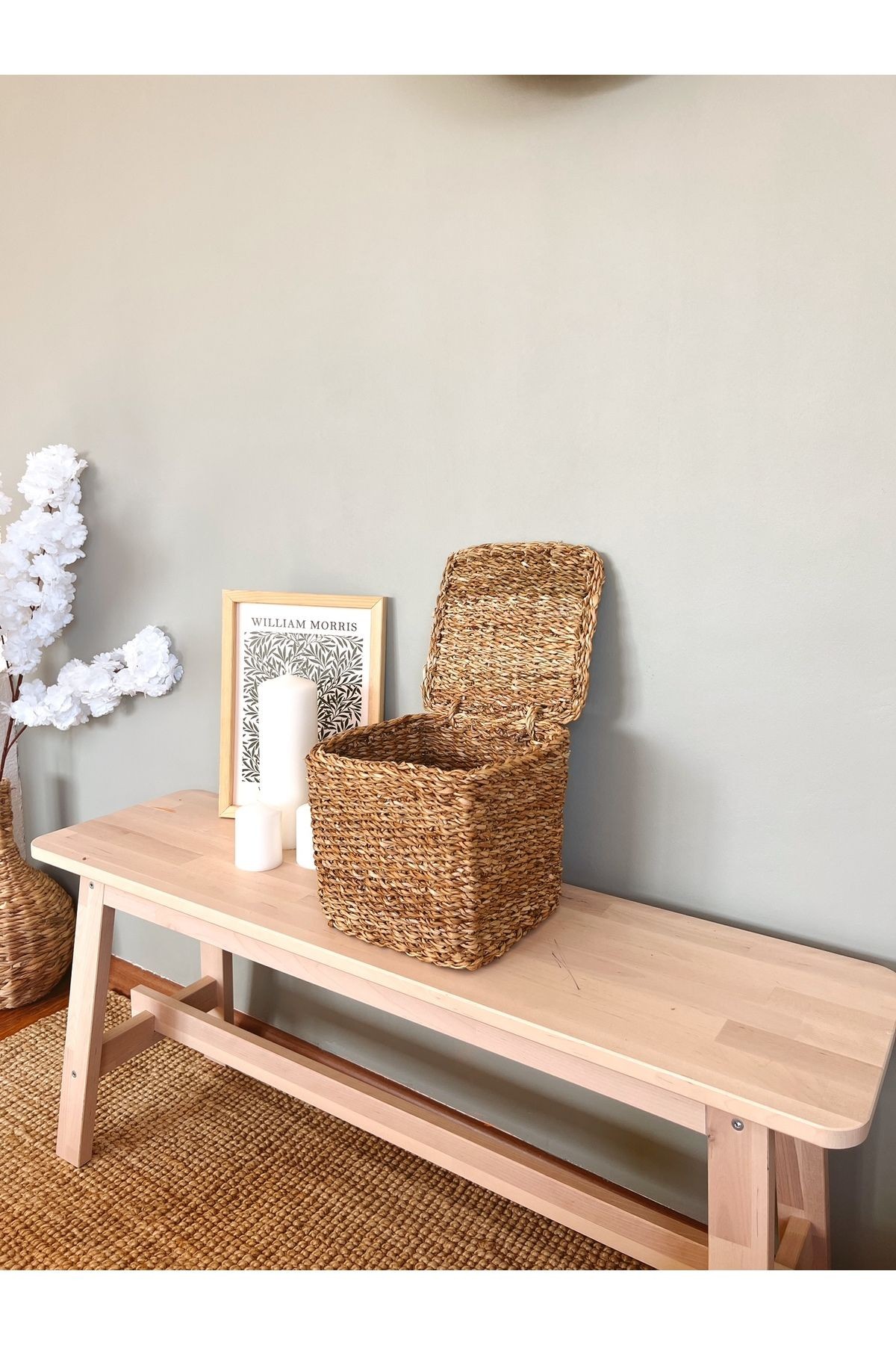 Haki Hasır Kapaklı Derin 20X20X20CM Kare Düzenleyici/Sepet/Organizer 30 x 30 Hasır Orta (26-50 çap)