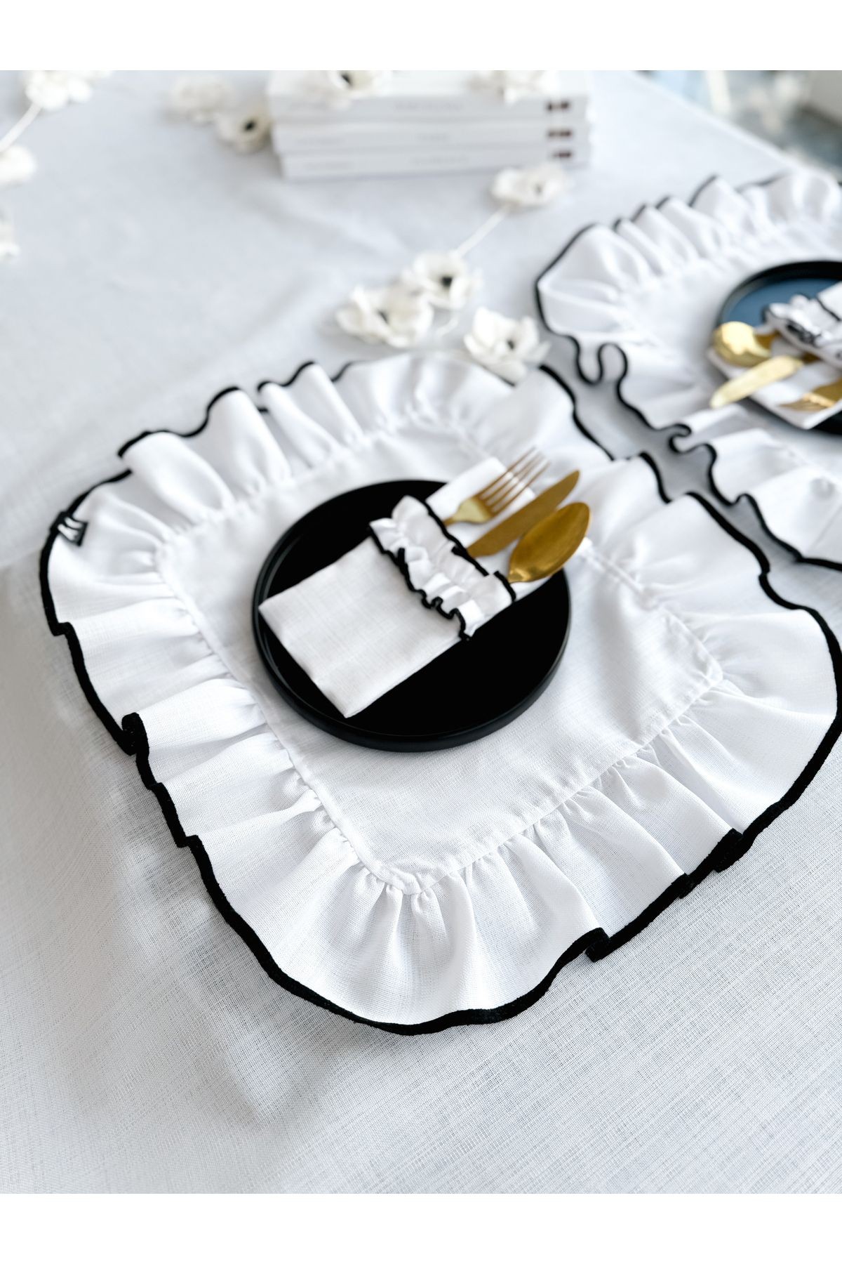 Shine White Heryeri Fırfırlı Dikdörtgen Amerikan Servis / Supla 2Li