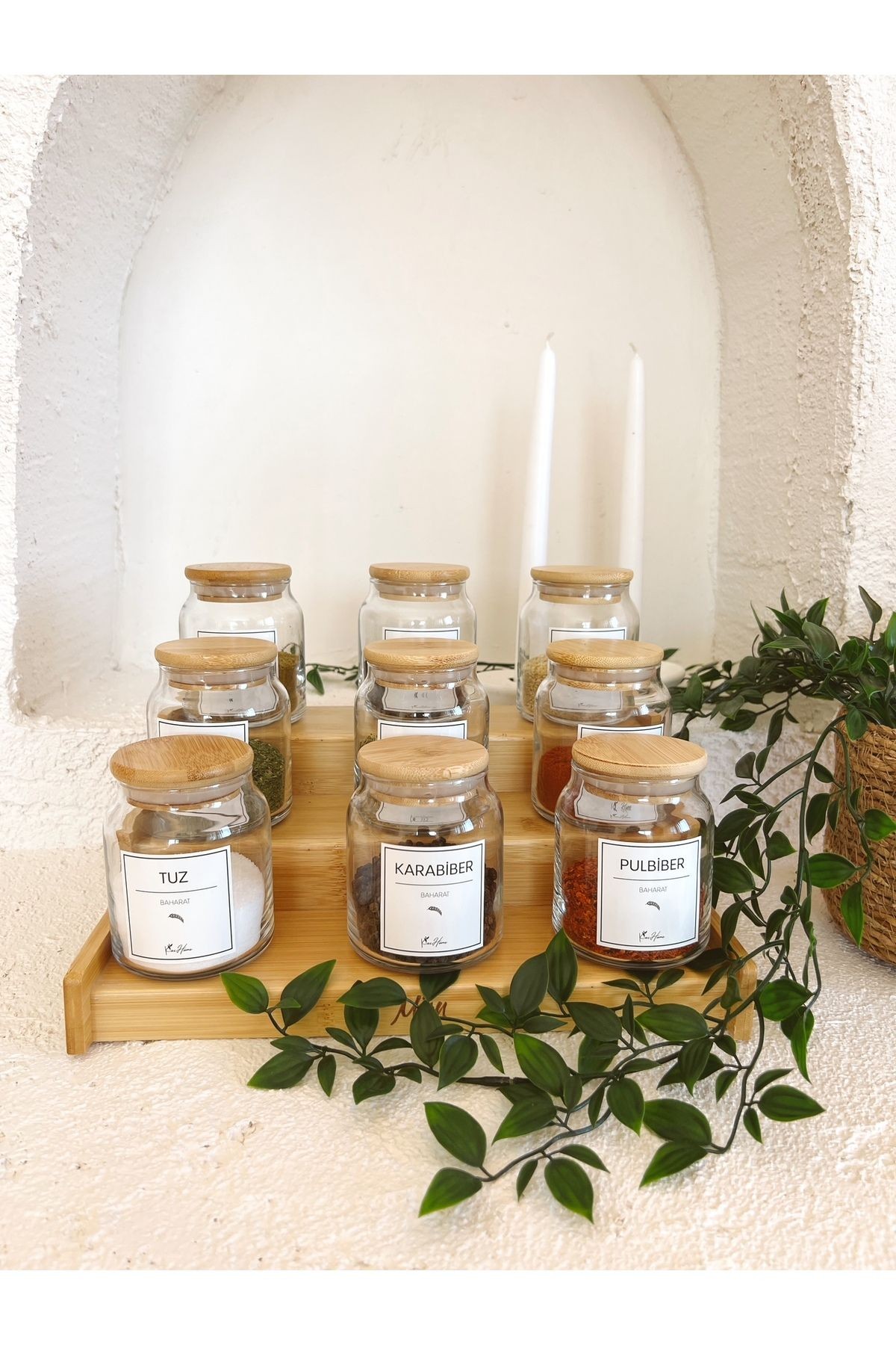 Bambu Vakum Kapaklı, 300 - 399 ml Etiketli 12Li Cam Baharat Seti Cam