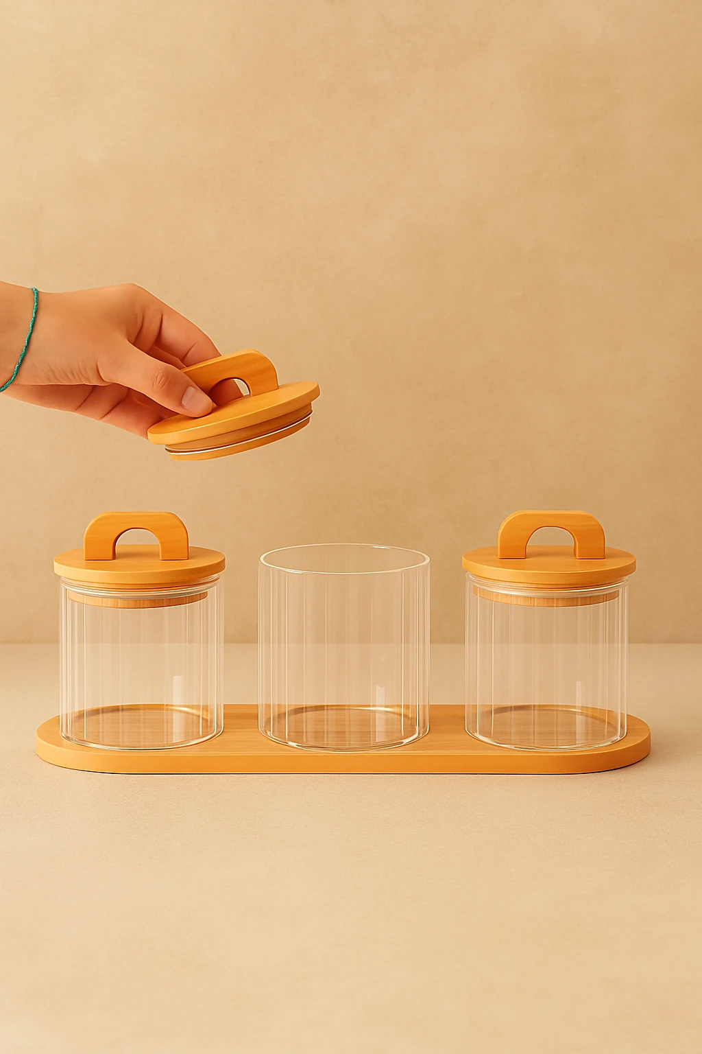 3’Lü Bambu Kapaklı Stantlı Kavanoz Seti