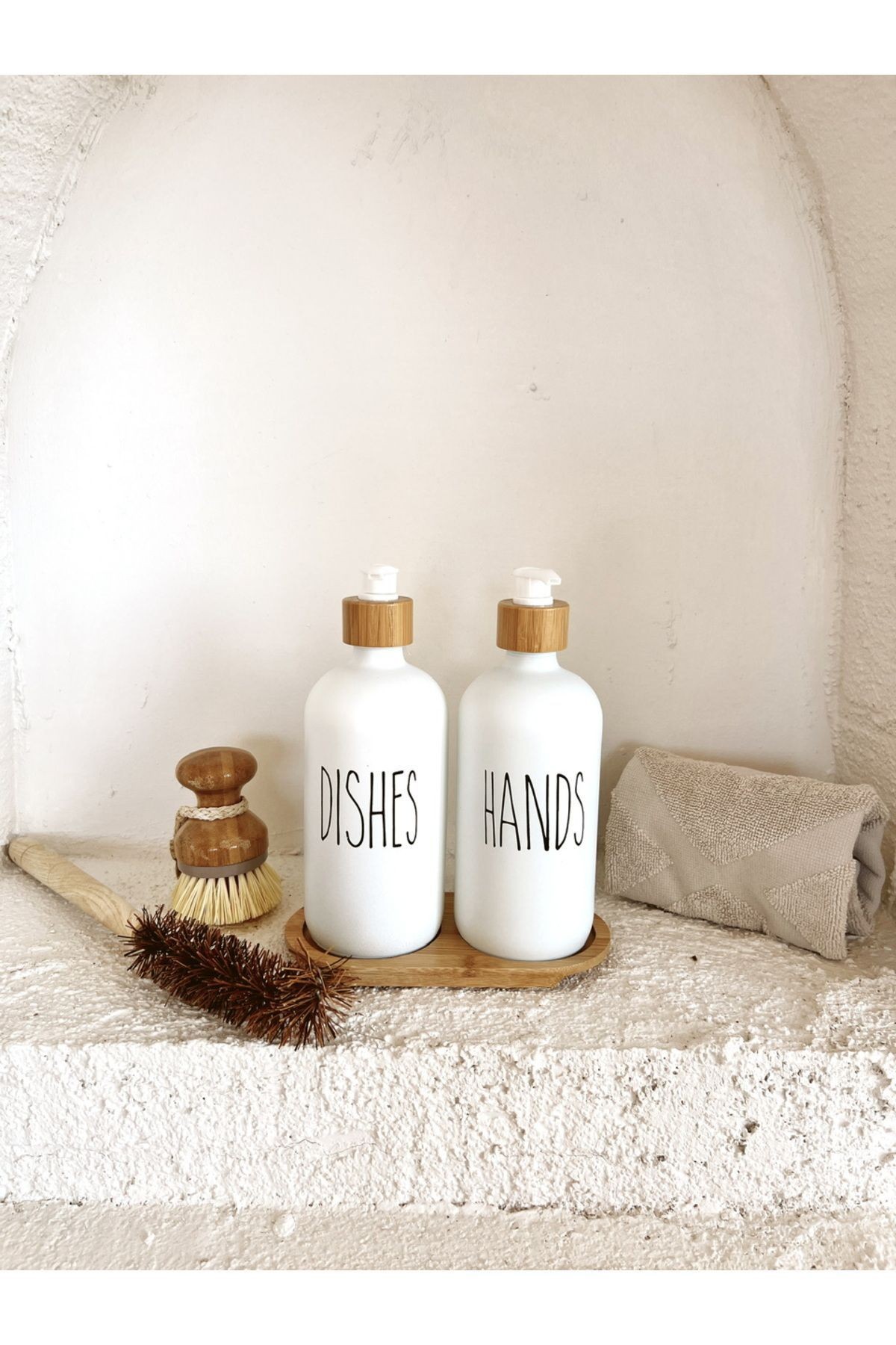 2'li Bambu Altlıklı Beyaz Cam Hands / Dishes Sabunluk Seti