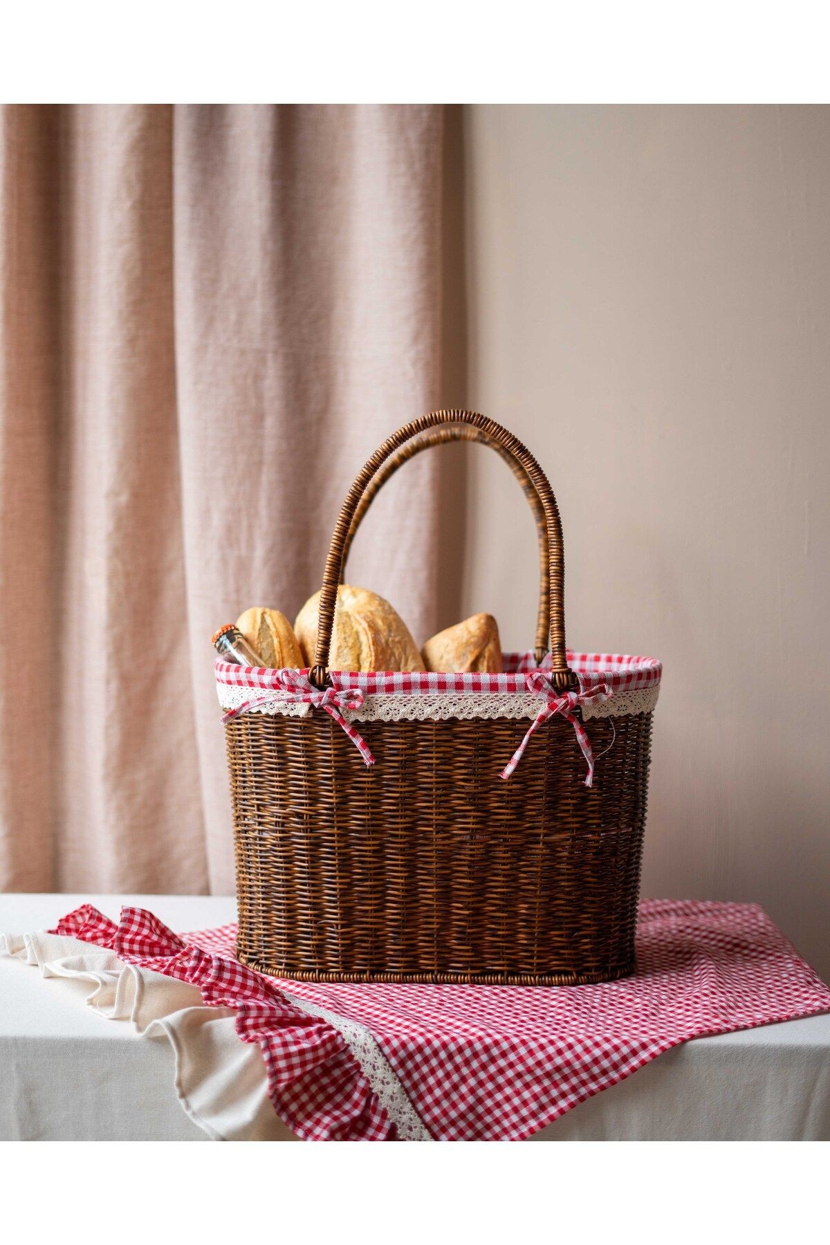 Rattan İç Korumalı Piknik Sepeti / Çanta Açık Renk