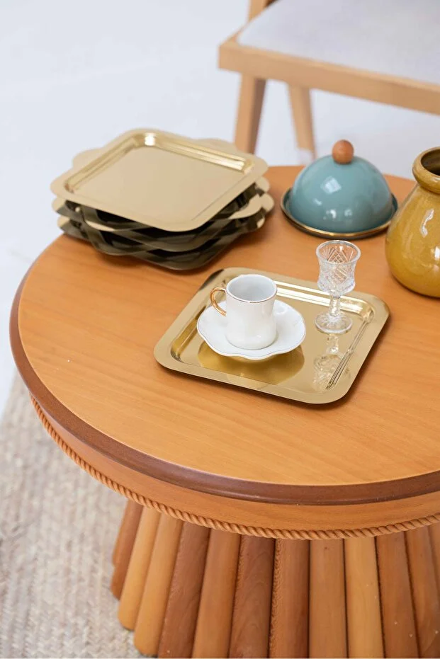 6'Lı Gold Parlak Kare Paslanmaz Çelik Kahve Servis ve Sunum Tepsisi Seti