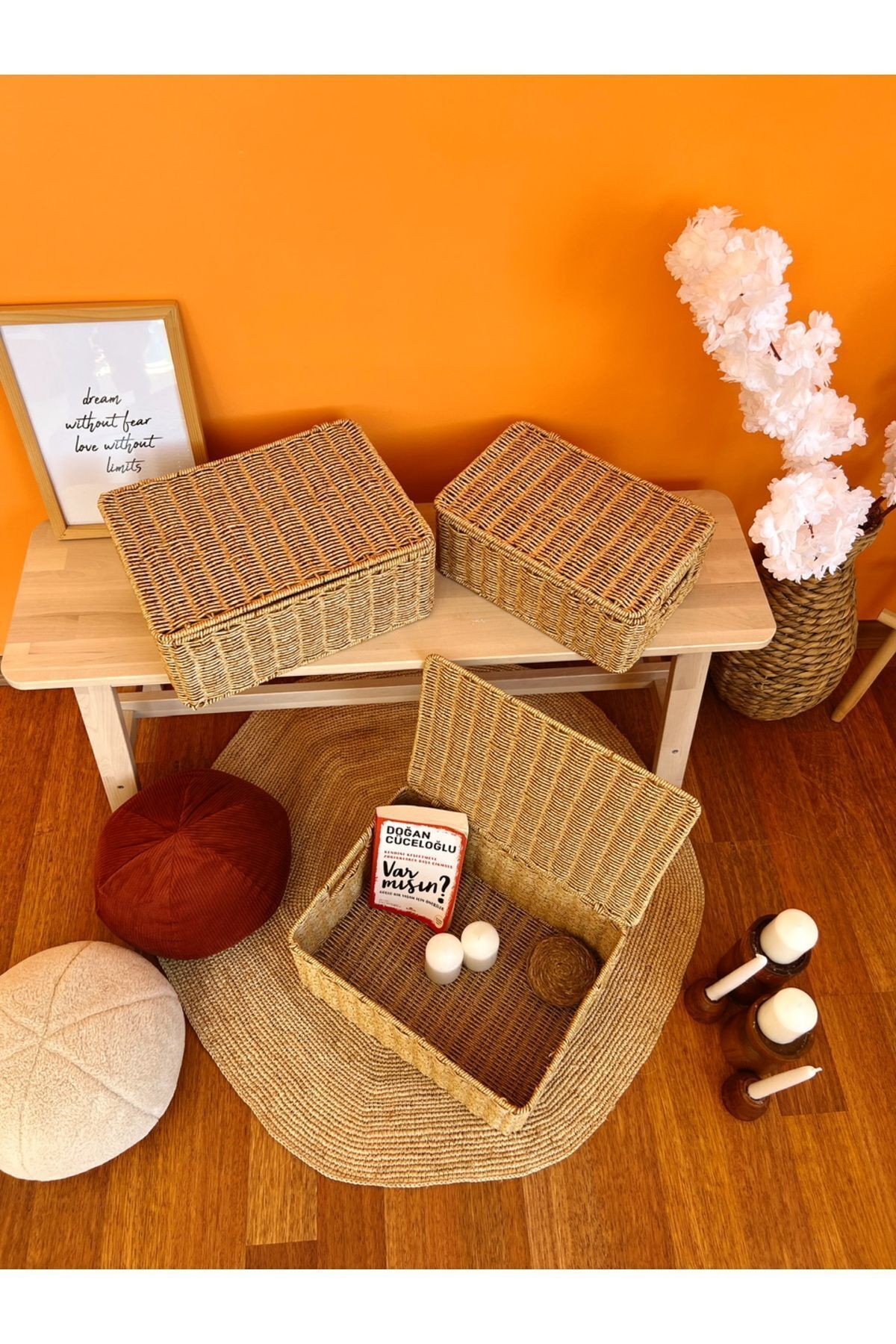 Bambu/Rattan 3lü Çok Amaçlı Hasır Düzenleyici/Organizer/Sepet/Banyo Düzenleyici