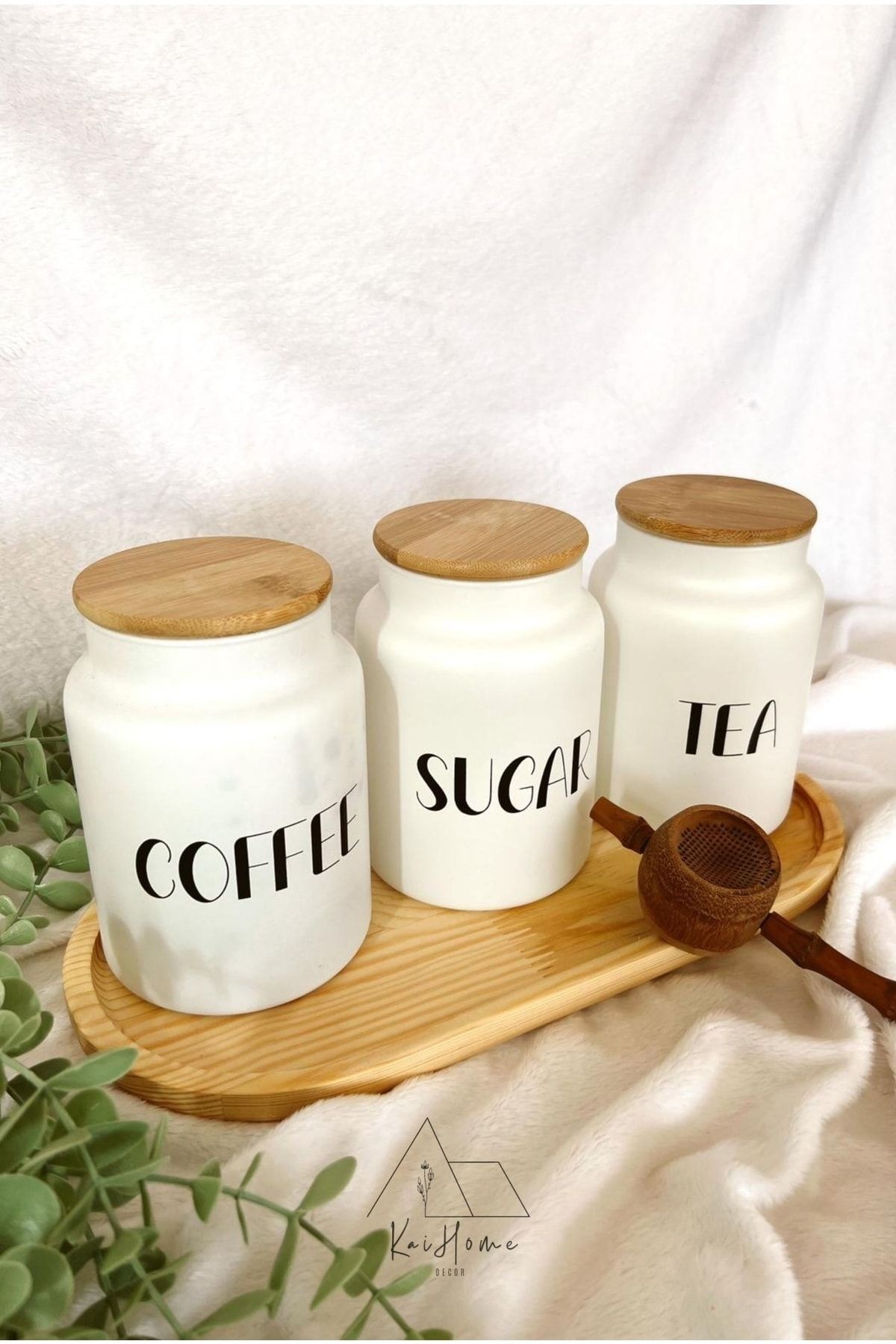 3lü Bambu Kapaklı 800ML Cam Çay/Kahve/Şeker Kavanoz Seti+AHŞAP KAŞIK