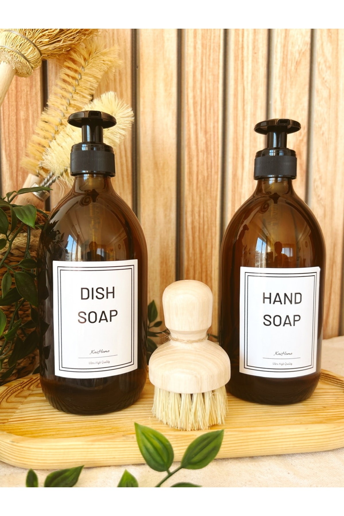 Amber Cam 2'li Hand Soap Ve Dısh Soap Şişesi 500ml Ahşap Altlık Ahşap Saplı Bulaşık Fırçası