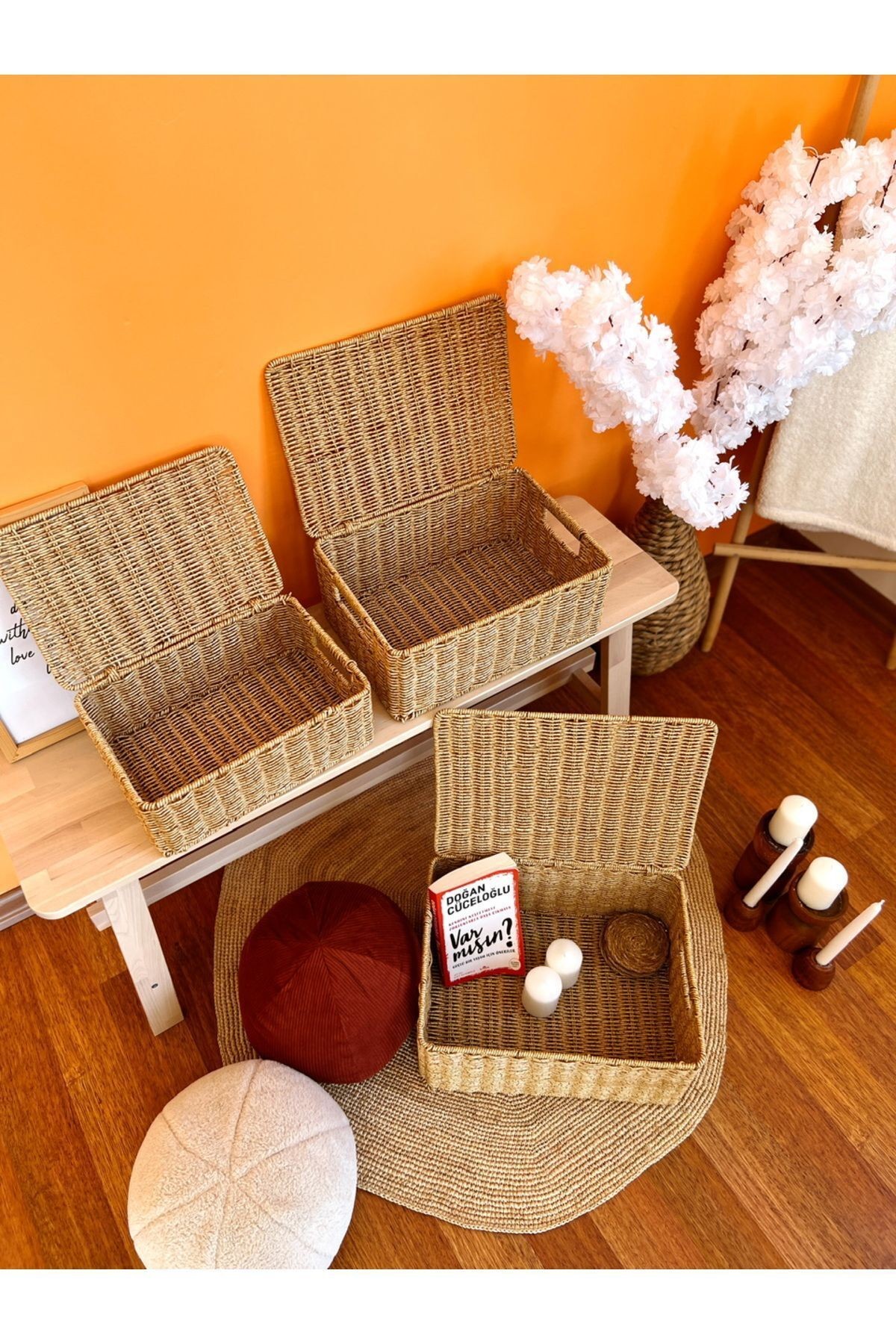 Bambu/Rattan Büyük Boy Çok Amaçlı Hasır Düzenleyici/Organizer/Sepet/Banyo Düzenleyici