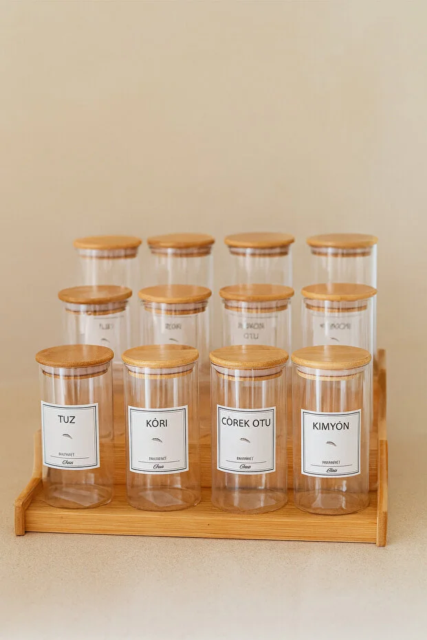 Ahşap Merdiven Standlı 12li 300 ml Baharatlık 12 Adet Ahşap Kaşık